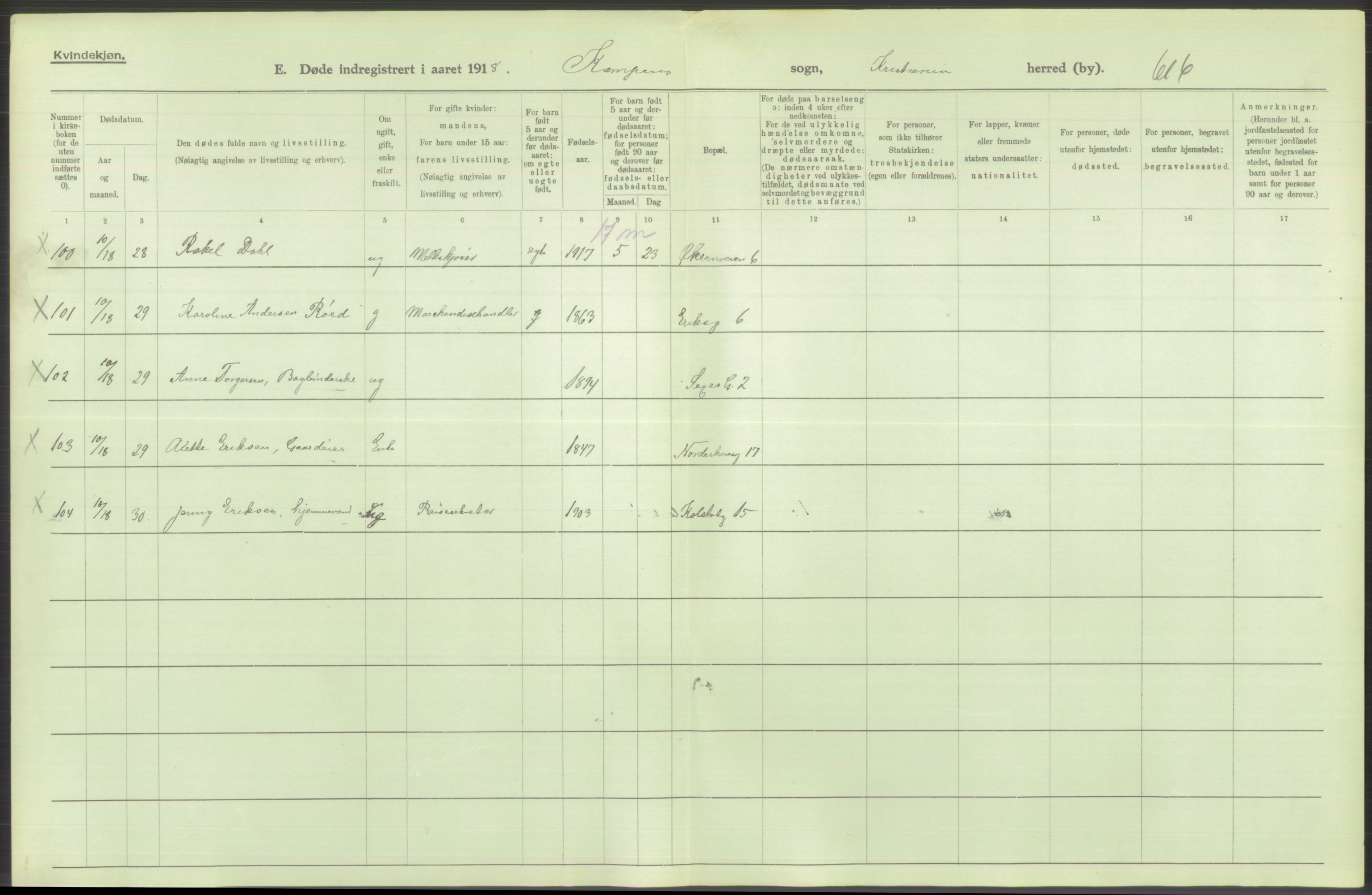 Statistisk sentralbyrå, Sosiodemografiske emner, Befolkning, AV/RA-S-2228/D/Df/Dfb/Dfbh/L0011: Kristiania: Døde, dødfødte, 1918, s. 558