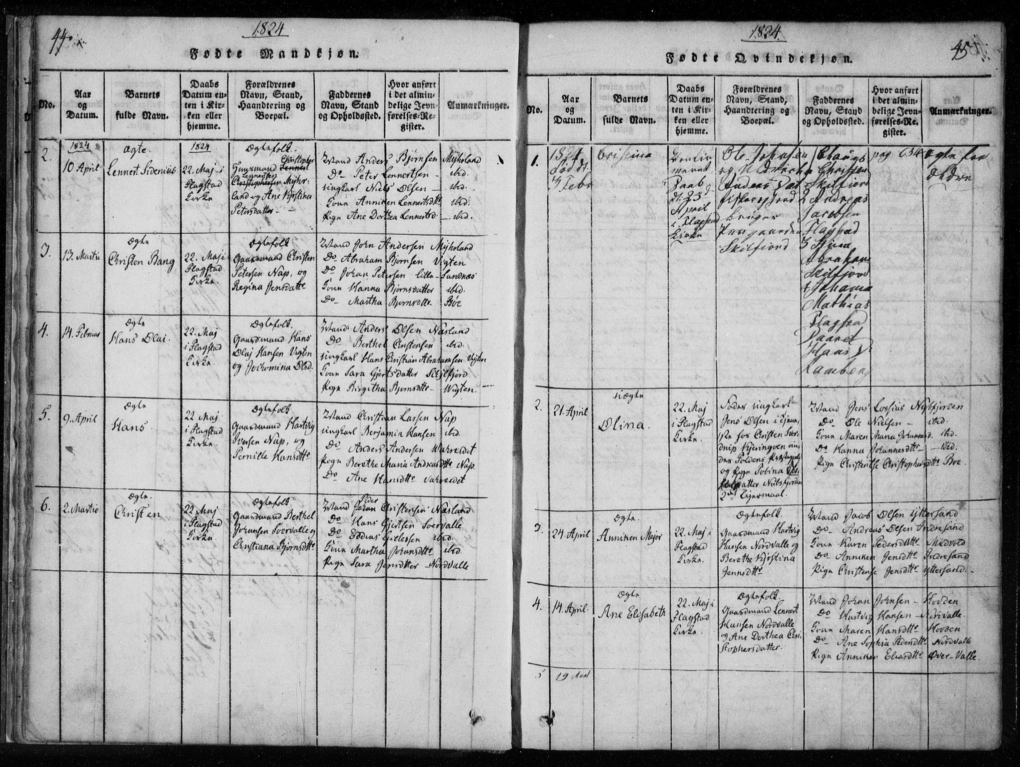 Ministerialprotokoller, klokkerbøker og fødselsregistre - Nordland, AV/SAT-A-1459/885/L1201: Ministerialbok nr. 885A02, 1820-1837, s. 44-45