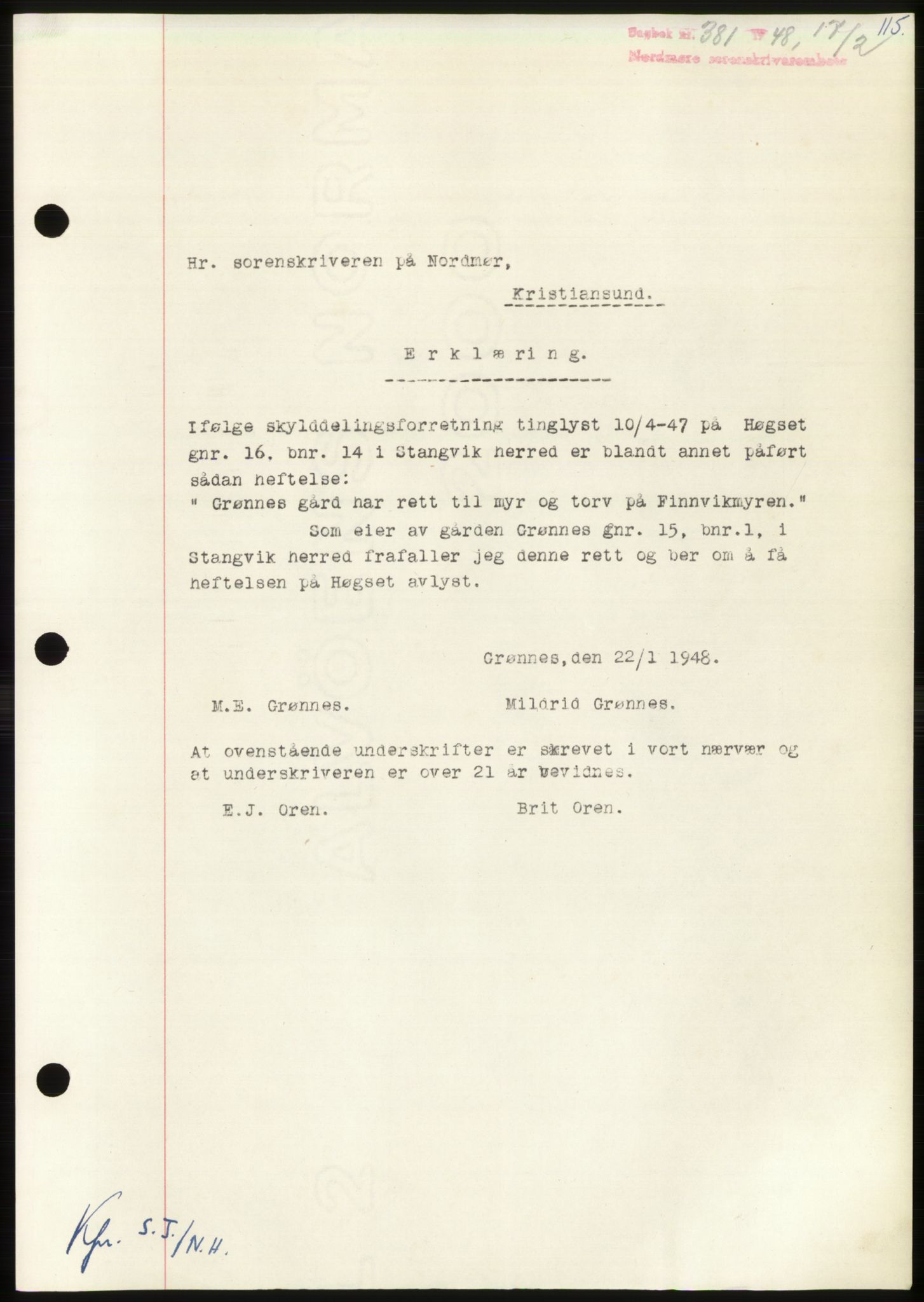 Nordmøre sorenskriveri, SAT/A-4132/1/2/2Ca: Pantebok nr. B98, 1948-1948, Dagboknr: 381/1948