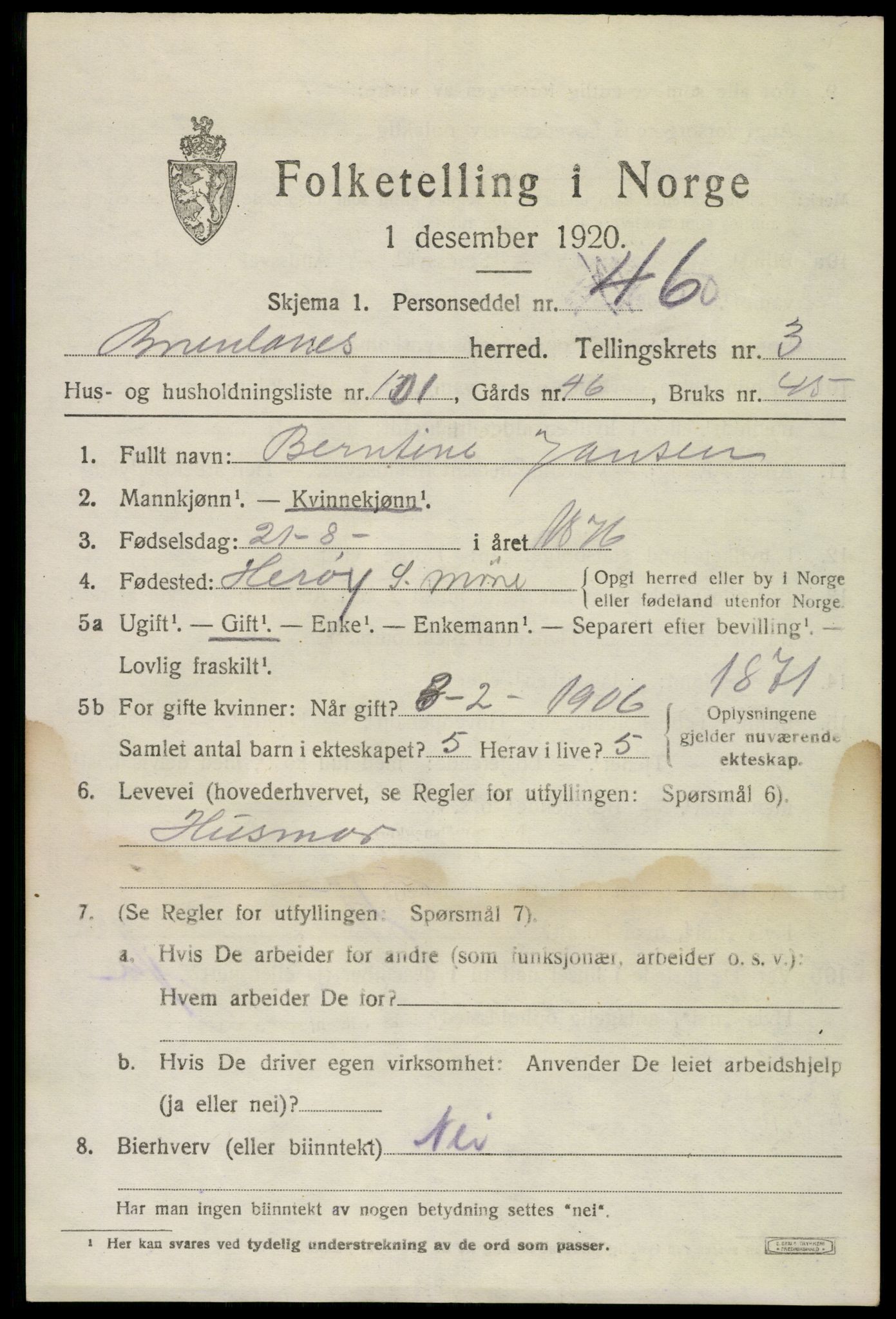 SAKO, Folketelling 1920 for 0726 Brunlanes herred, 1920, s. 6059