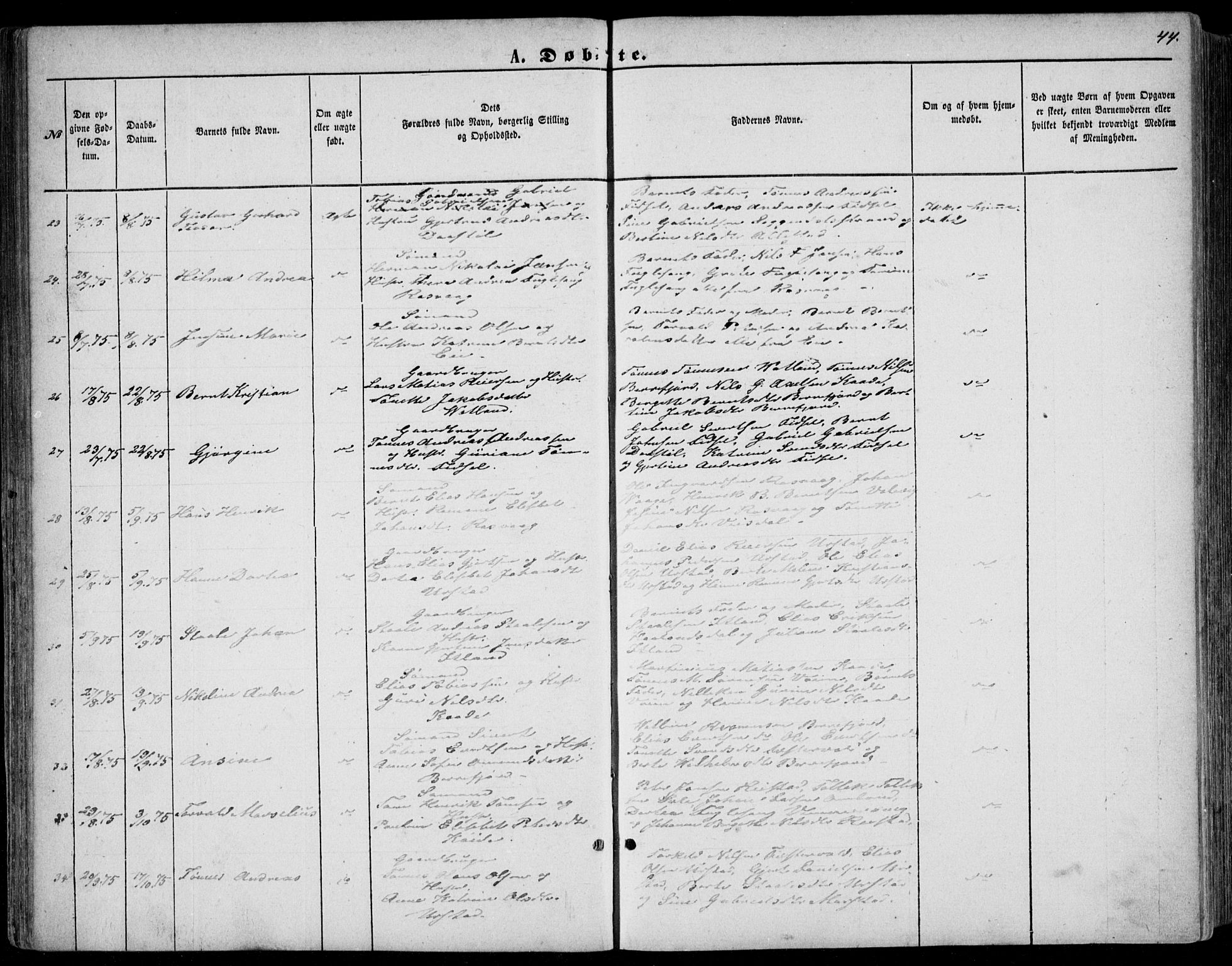 Flekkefjord sokneprestkontor, AV/SAK-1111-0012/F/Fb/Fbb/L0003: Klokkerbok nr. B 3, 1867-1889, s. 44