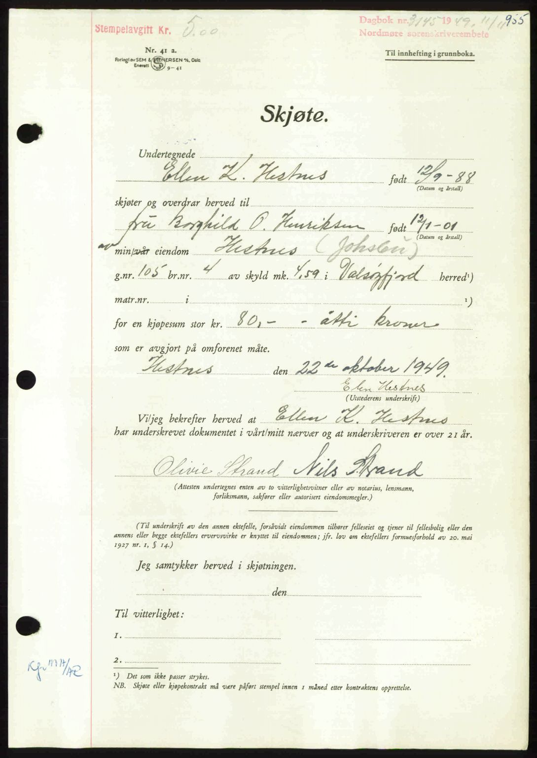 Nordmøre sorenskriveri, SAT/A-4132/1/2/2Ca: Pantebok nr. A112, 1949-1949, Dagboknr: 3145/1949
