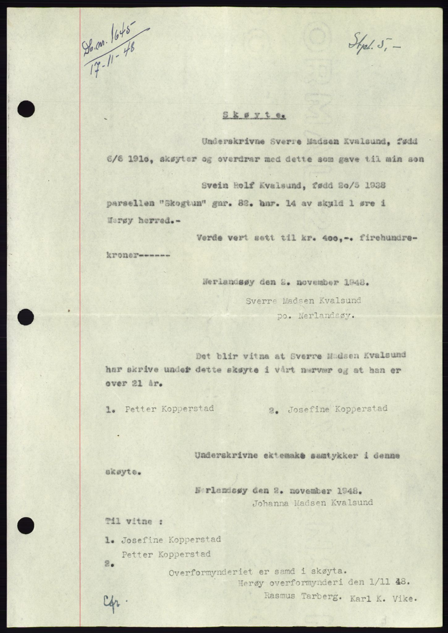 Søre Sunnmøre sorenskriveri, AV/SAT-A-4122/1/2/2C/L0083: Pantebok nr. 9A, 1948-1949, Dagboknr: 1645/1948