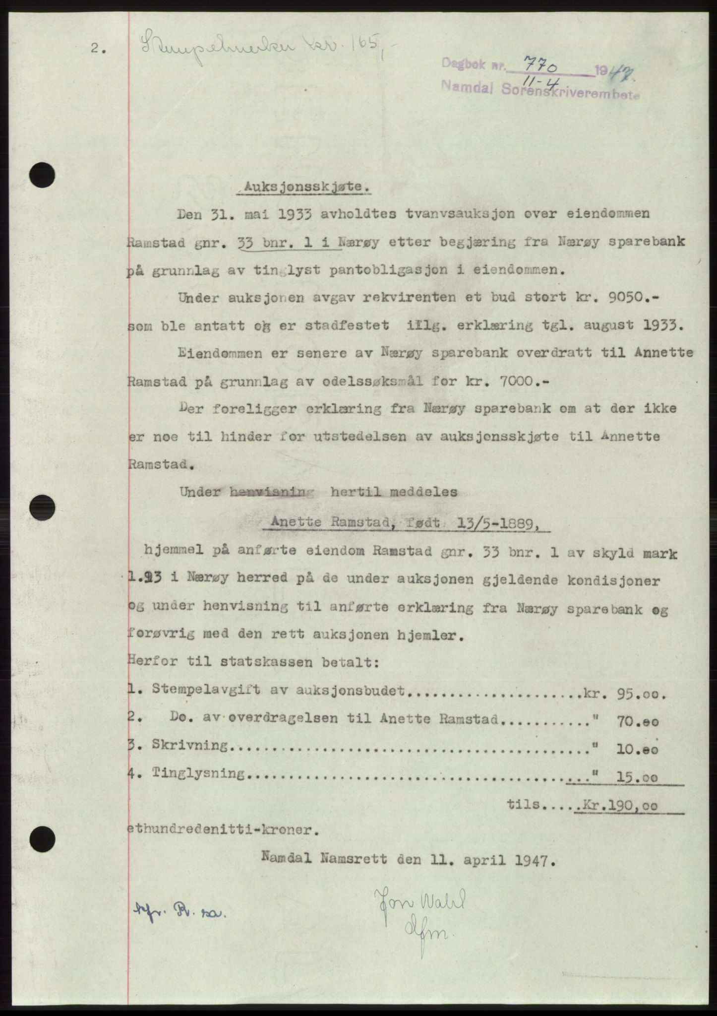 Namdal sorenskriveri, SAT/A-4133/1/2/2C: Pantebok nr. -, 1947-1947, Dagboknr: 770/1947