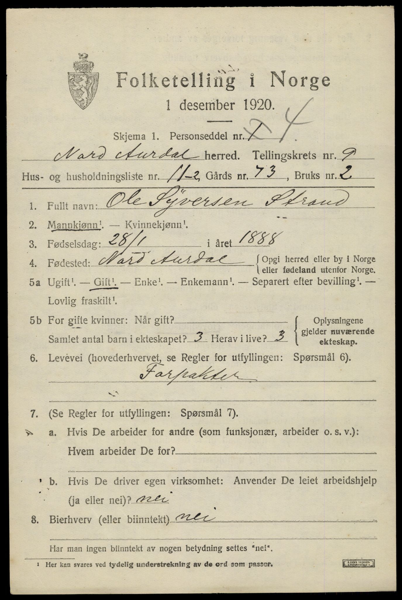 SAH, Folketelling 1920 for 0542 Nord-Aurdal herred, 1920, s. 7624