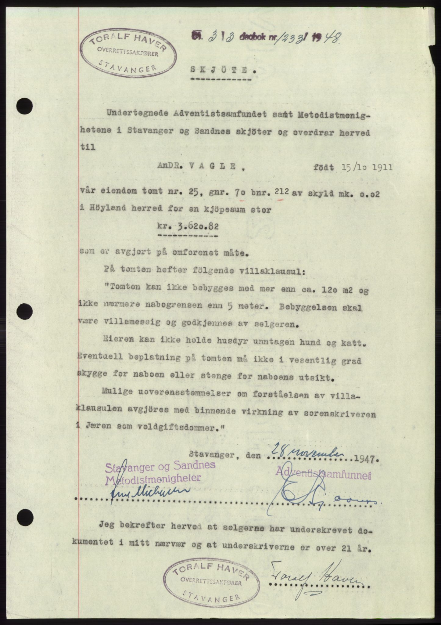 Jæren sorenskriveri, SAST/A-100310/03/G/Gba/L0098: Pantebok, 1948-1948, Dagboknr: 1233/1948