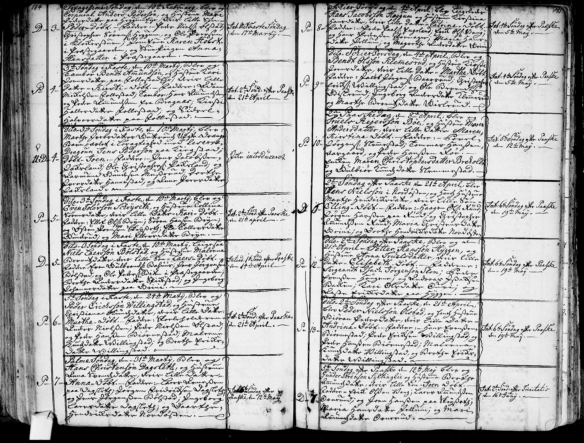 Røyken kirkebøker, SAKO/A-241/G/Ga/L0001: Klokkerbok nr. 1, 1740-1768, s. 184-185