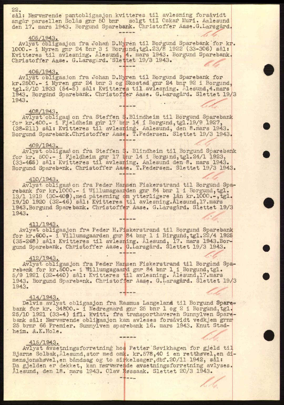 Nordre Sunnmøre sorenskriveri, SAT/A-0006/1/2/2C/2Ca: Pantebok nr. B1-6, 1938-1942, Dagboknr: 405/1943