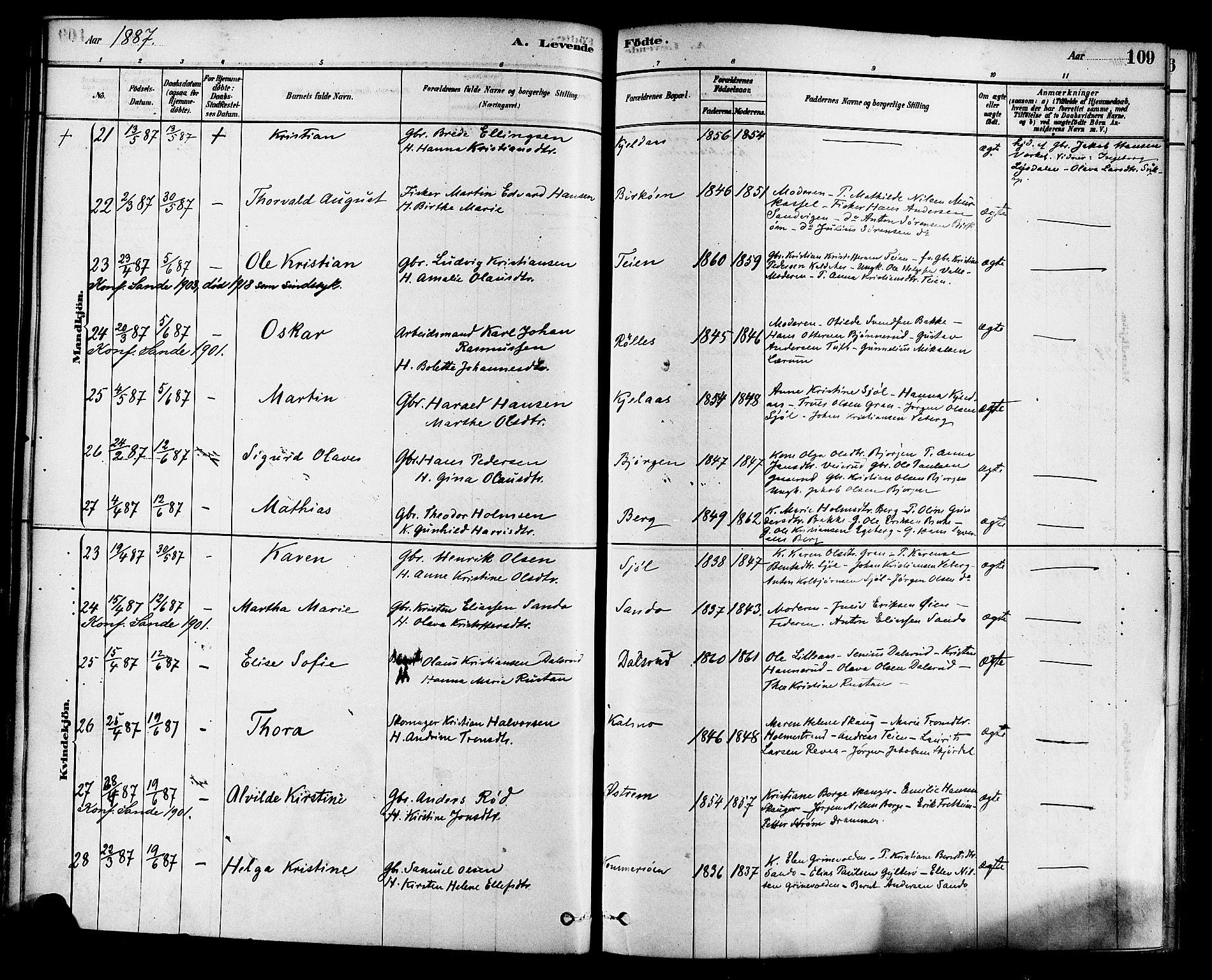 Sande Kirkebøker, AV/SAKO-A-53/F/Fa/L0006: Ministerialbok nr. 6, 1878-1888, s. 109
