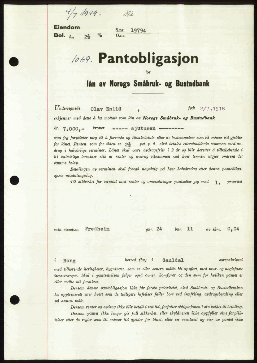Gauldal sorenskriveri, SAT/A-0014/1/2/2C: Pantebok nr. A8, 1949-1949, Dagboknr: 1069/1949