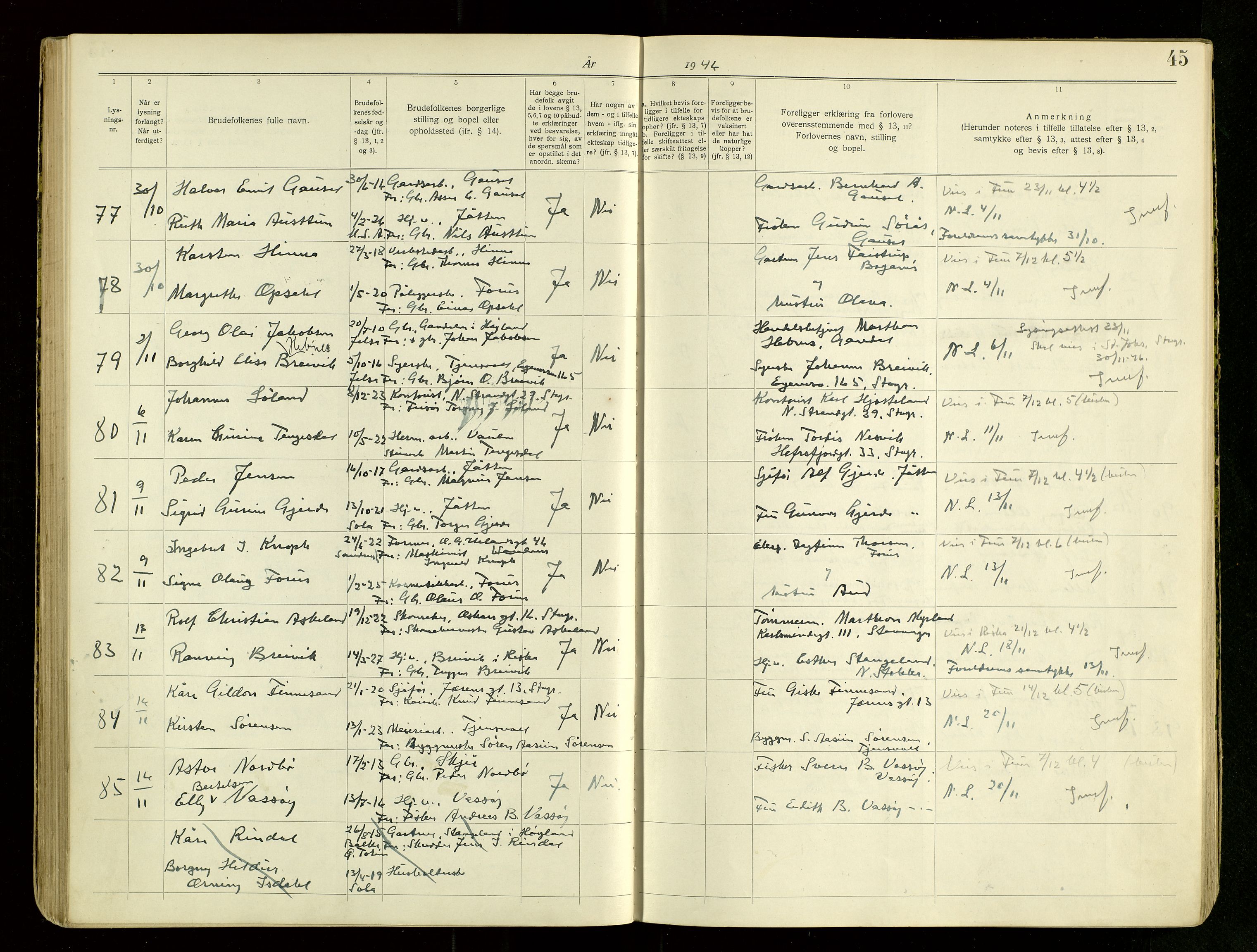 Hetland sokneprestkontor, AV/SAST-A-101826/70/705BA/L0007: Lysningsprotokoll nr. 7, 1939-1951, s. 45