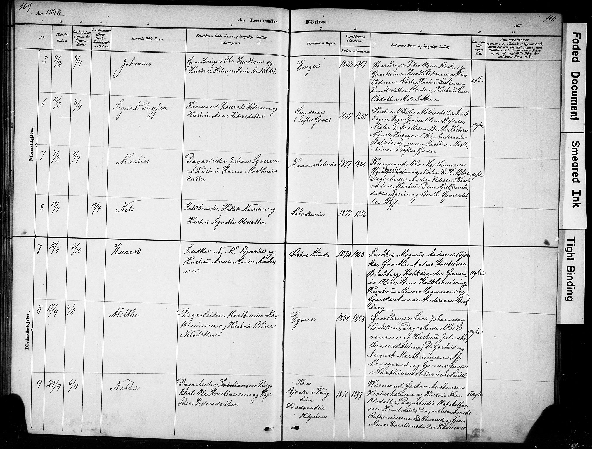 Nes prestekontor, Hedmark, AV/SAH-PREST-020/L/La/L0016: Klokkerbok nr. 16, 1883-1900, s. 109-110