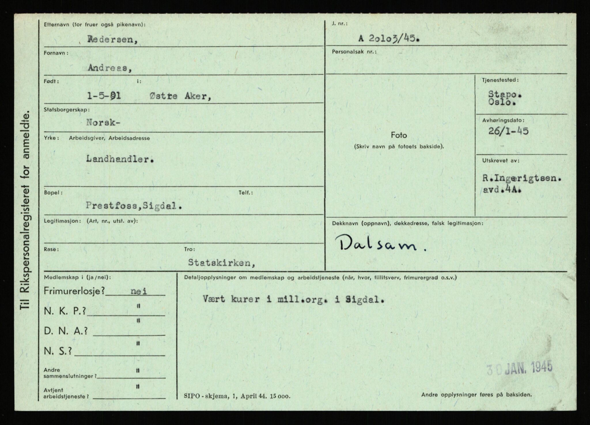 Statspolitiet - Hovedkontoret / Osloavdelingen, AV/RA-S-1329/C/Ca/L0012: Oanæs - Quistgaard	, 1943-1945, s. 3146