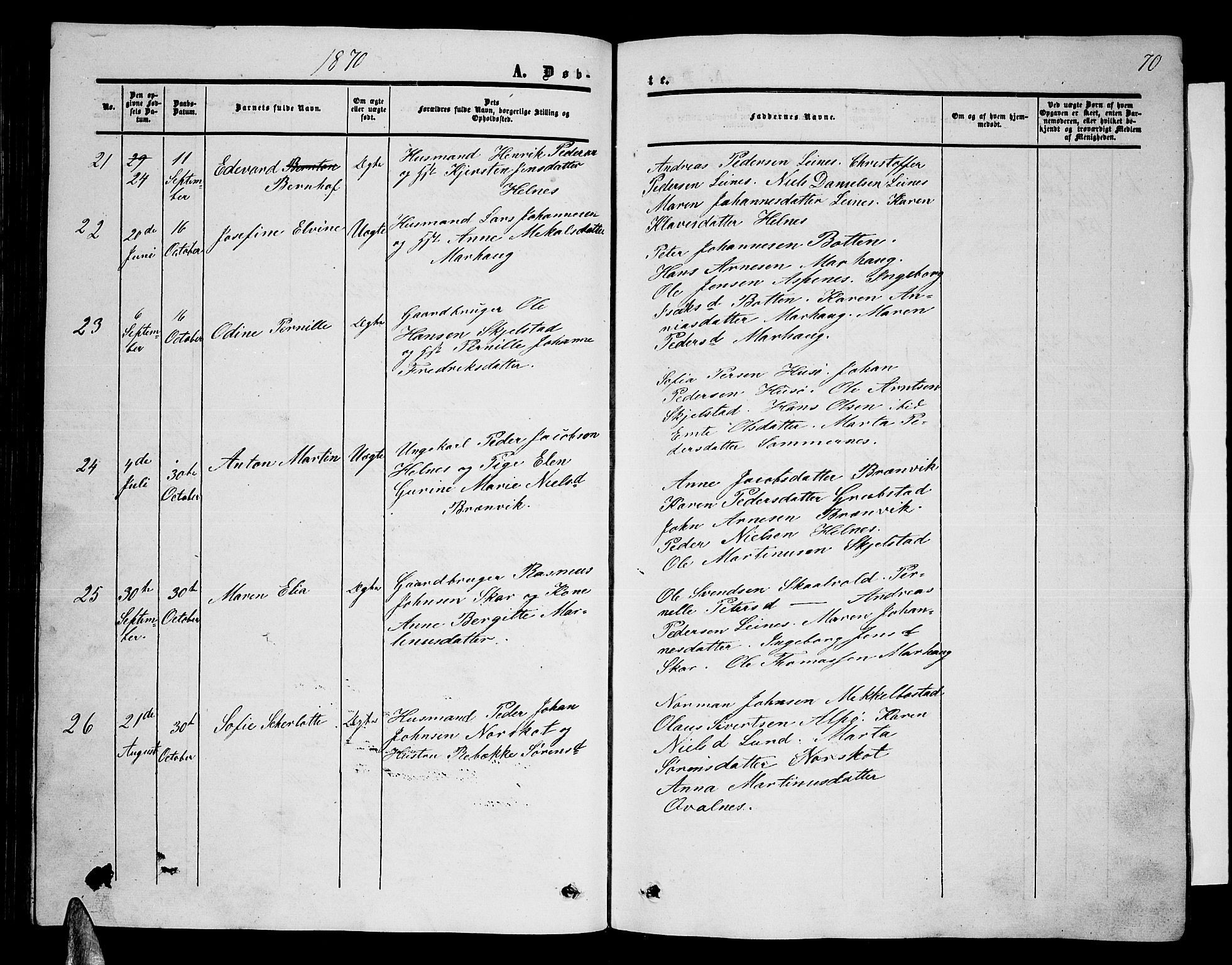 Ministerialprotokoller, klokkerbøker og fødselsregistre - Nordland, AV/SAT-A-1459/857/L0827: Klokkerbok nr. 857C02, 1852-1879, s. 70