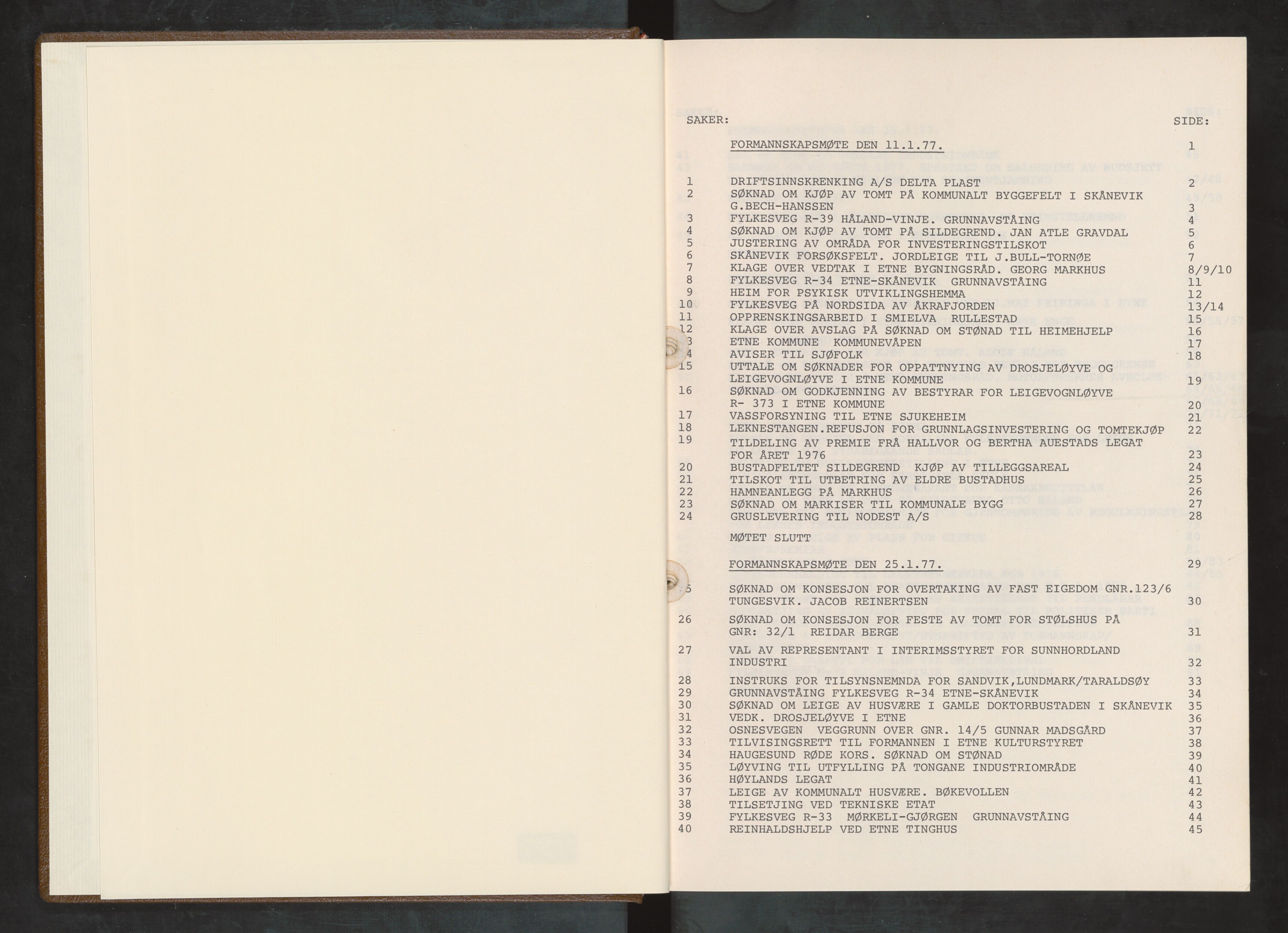 Etne kommune. Formannskapet, IKAH/1211-021/A/Aa/L0034: Møtebok for formannskapet, 1977