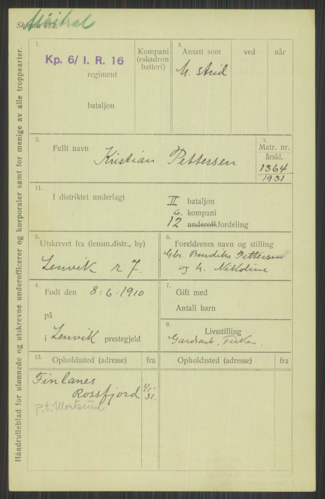 Forsvaret, Troms infanteriregiment nr. 16, AV/RA-RAFA-3146/P/Pa/L0015: Rulleblad for regimentets menige mannskaper, årsklasse 1931, 1931, s. 1009