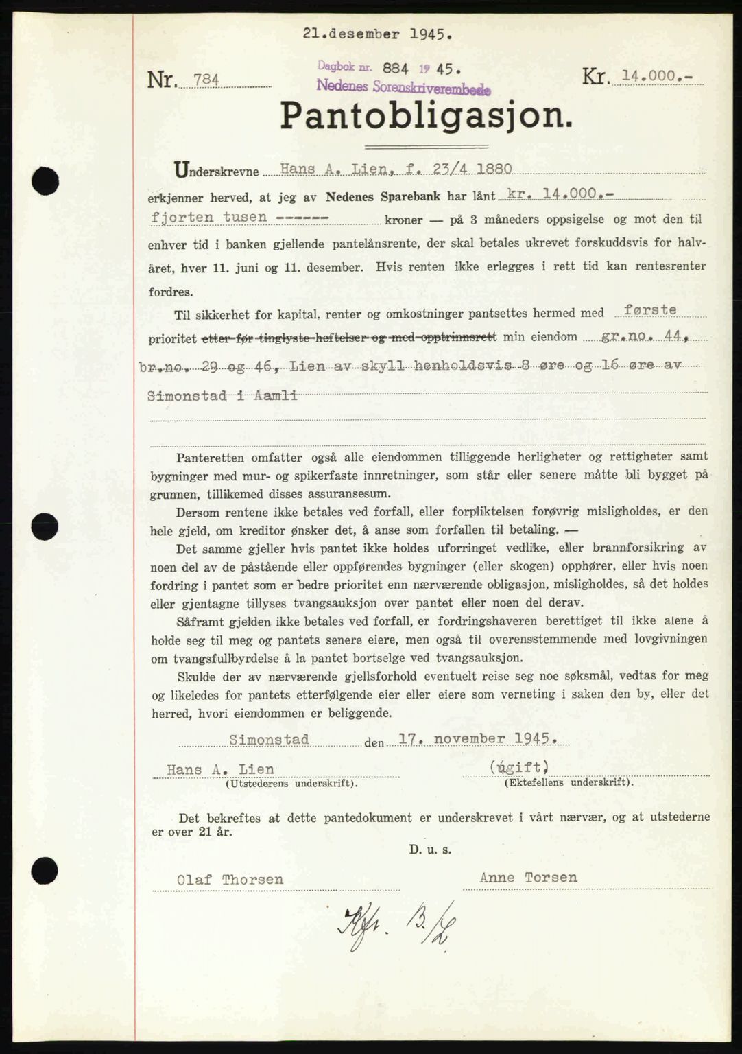 Nedenes sorenskriveri, SAK/1221-0006/G/Gb/Gbb/L0003: Pantebok nr. B3a, 1945-1945, Dagboknr: 884/1945