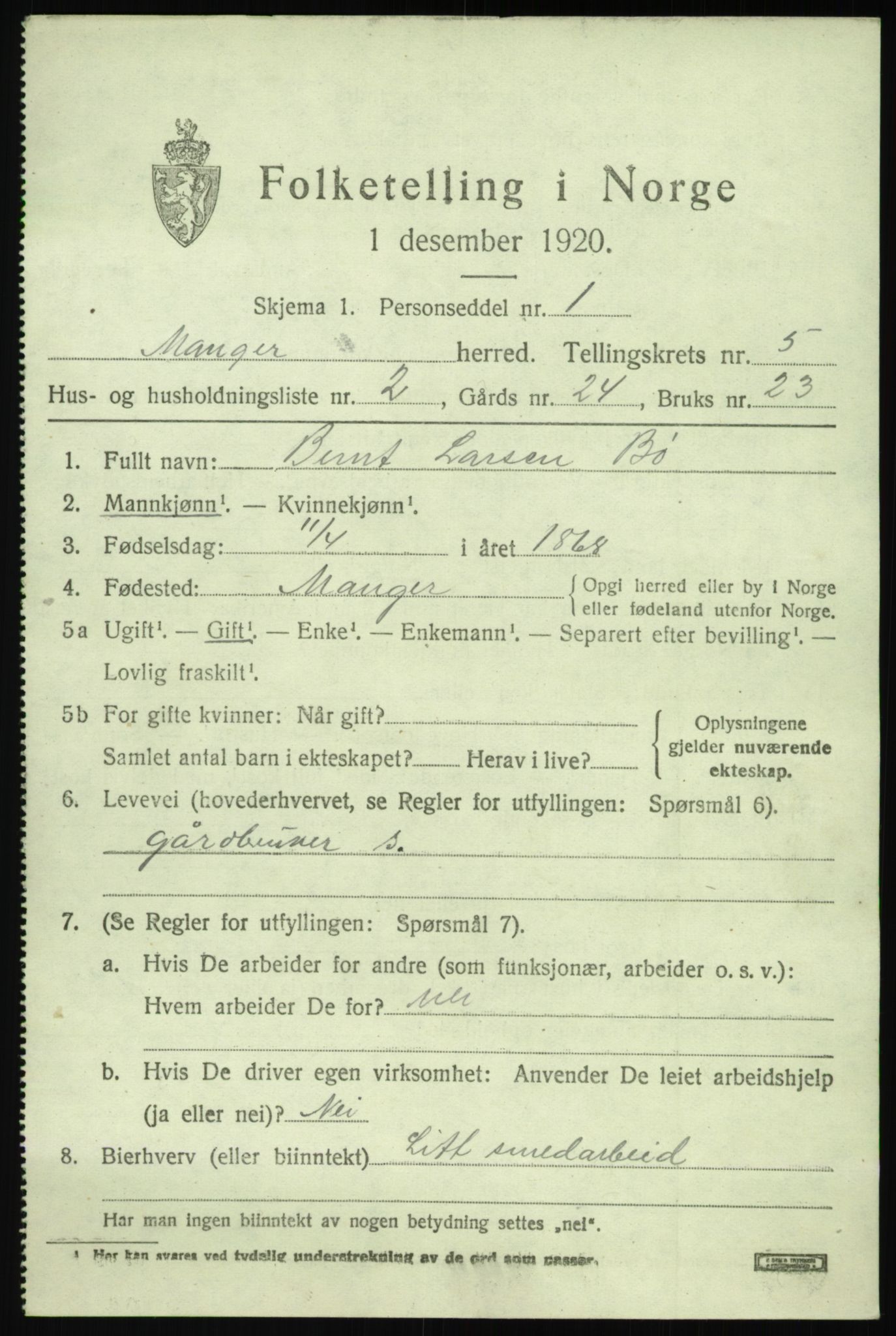 SAB, Folketelling 1920 for 1261 Manger herred, 1920, s. 3273