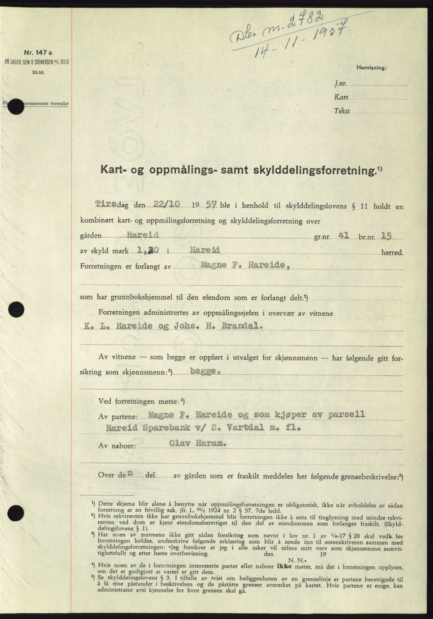 Søre Sunnmøre sorenskriveri, AV/SAT-A-4122/1/2/2C/L0108: Pantebok nr. 34A, 1957-1958, Dagboknr: 2782/1957