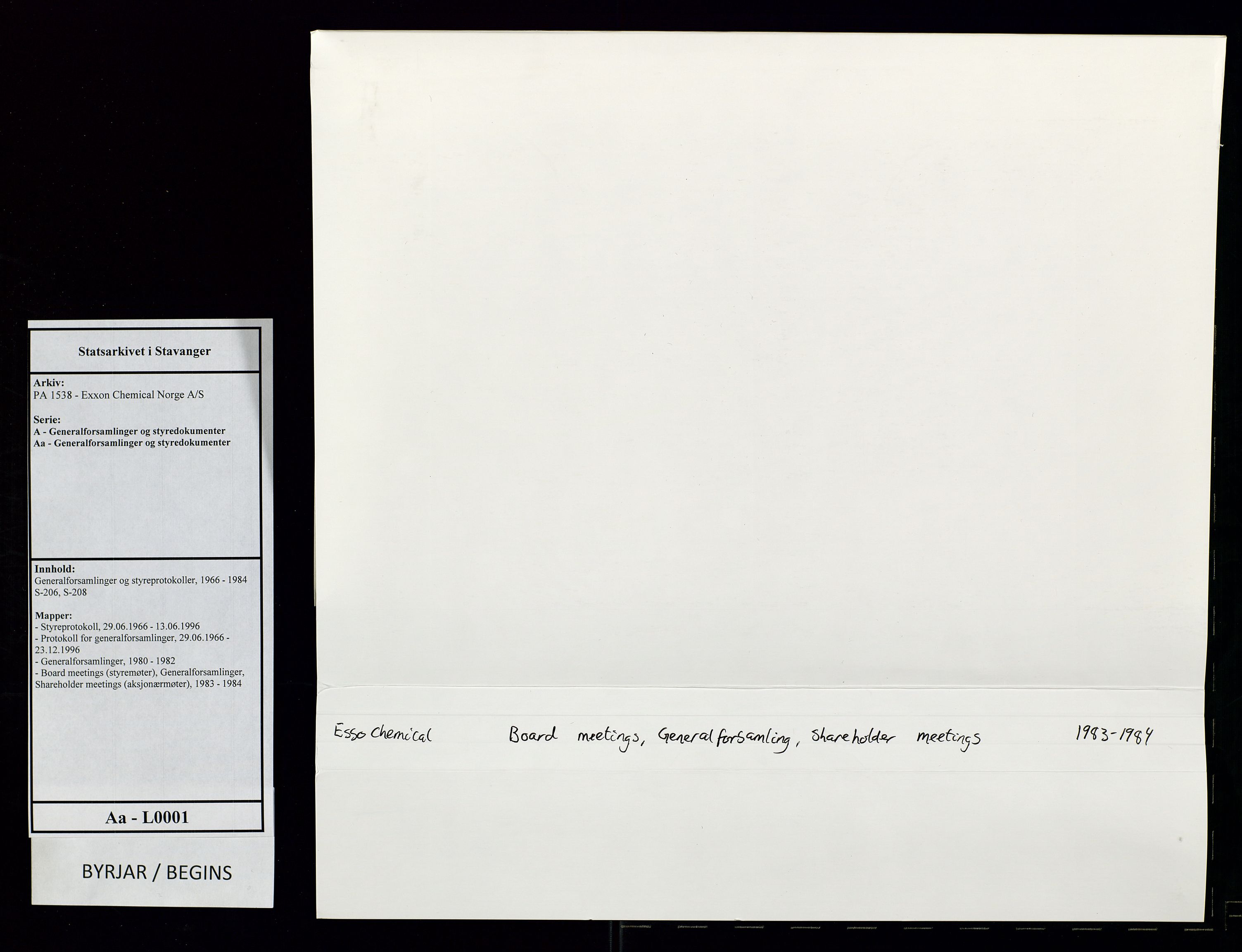 PA 1538 - Exxon Chemical Norge A/S, AV/SAST-A-101958/A/Aa/L0001/0004: Generalforsamlinger og styreprotokoller / Board meetings (styremøter), Generalforsamlinger, Shareholder meetings (aksjonærmøter), 1983-1984