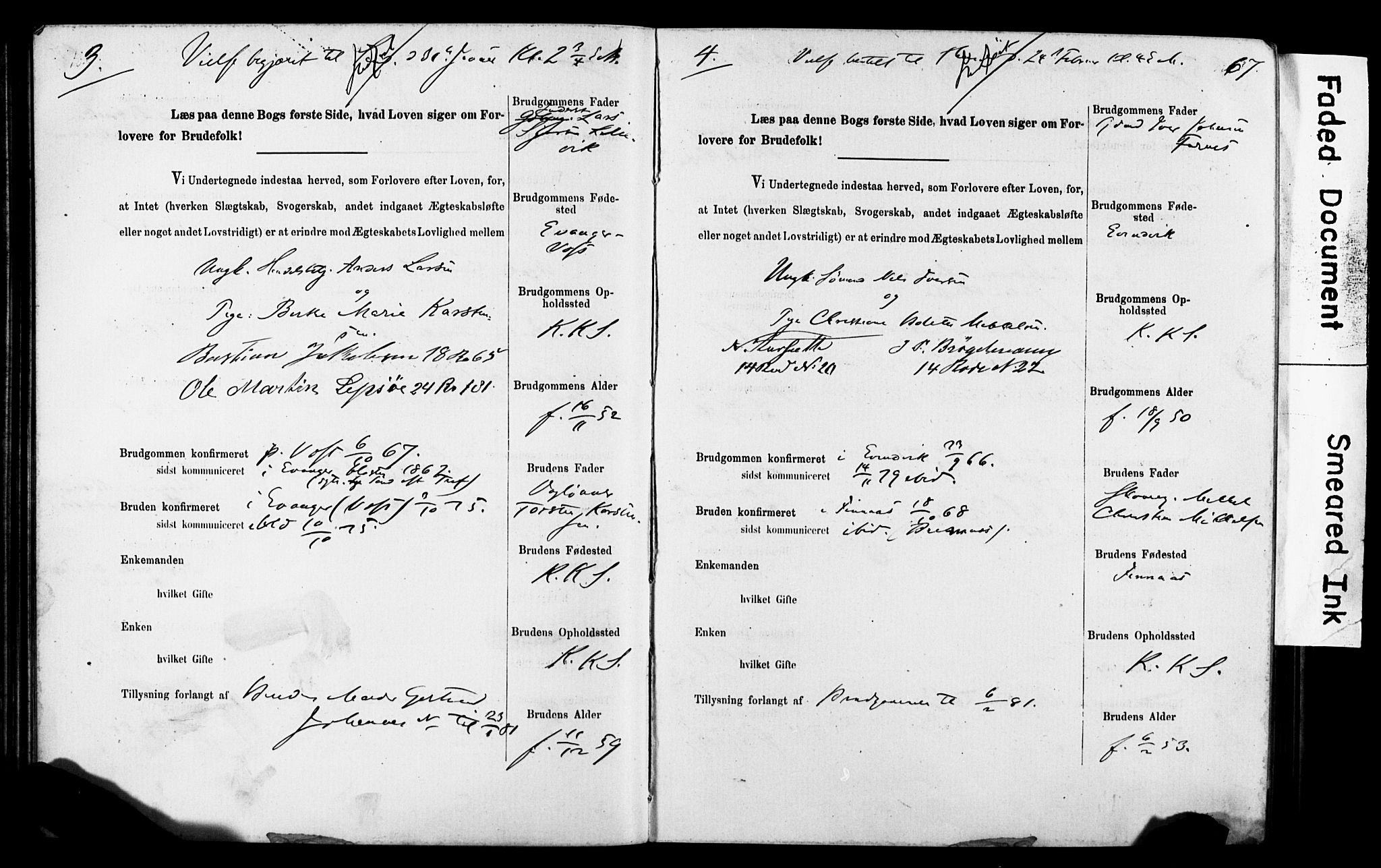Korskirken sokneprestembete, SAB/A-76101: Forlovererklæringer nr. II.5.5, 1878-1889, s. 67