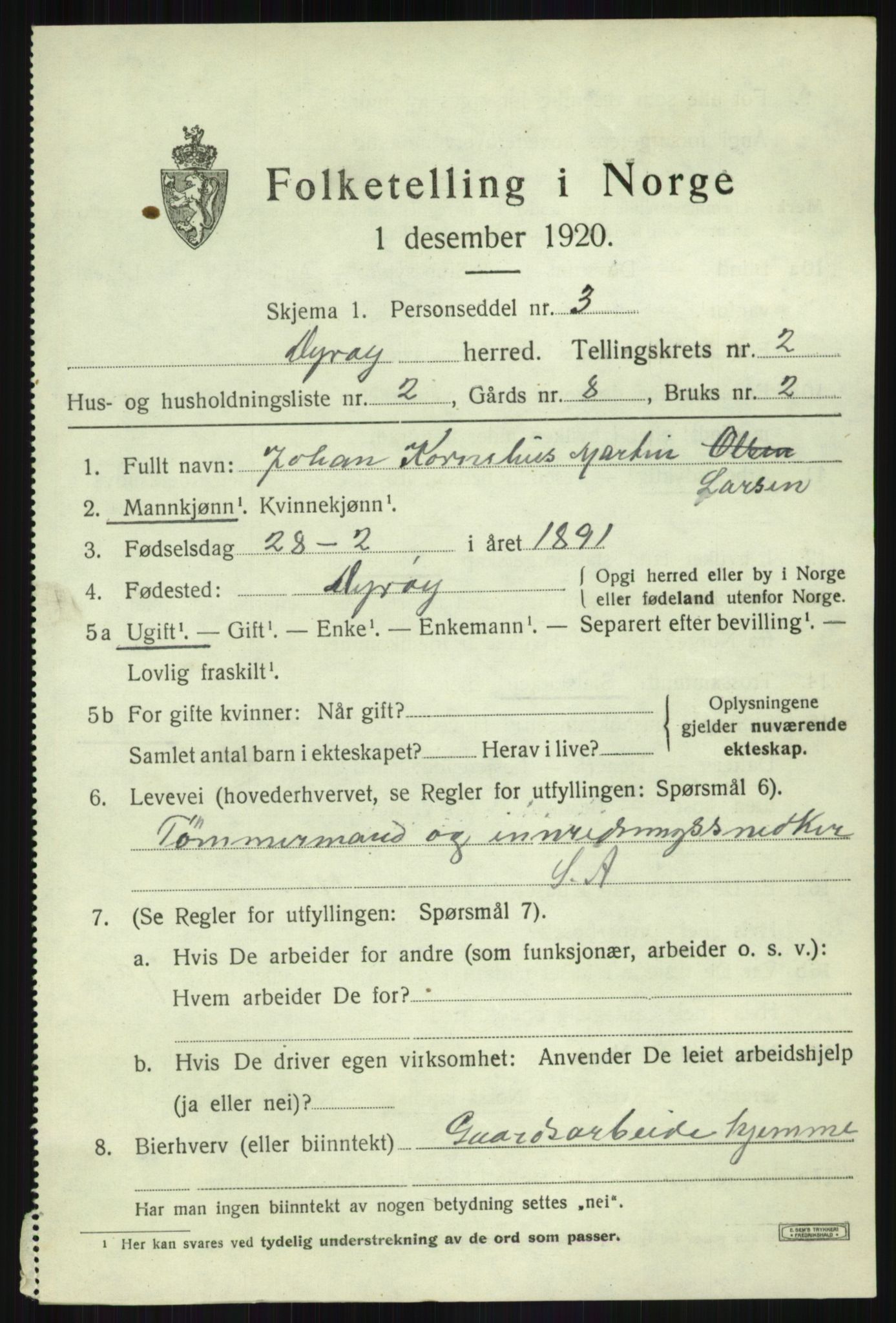 SATØ, Folketelling 1920 for 1926 Dyrøy herred, 1920, s. 1295