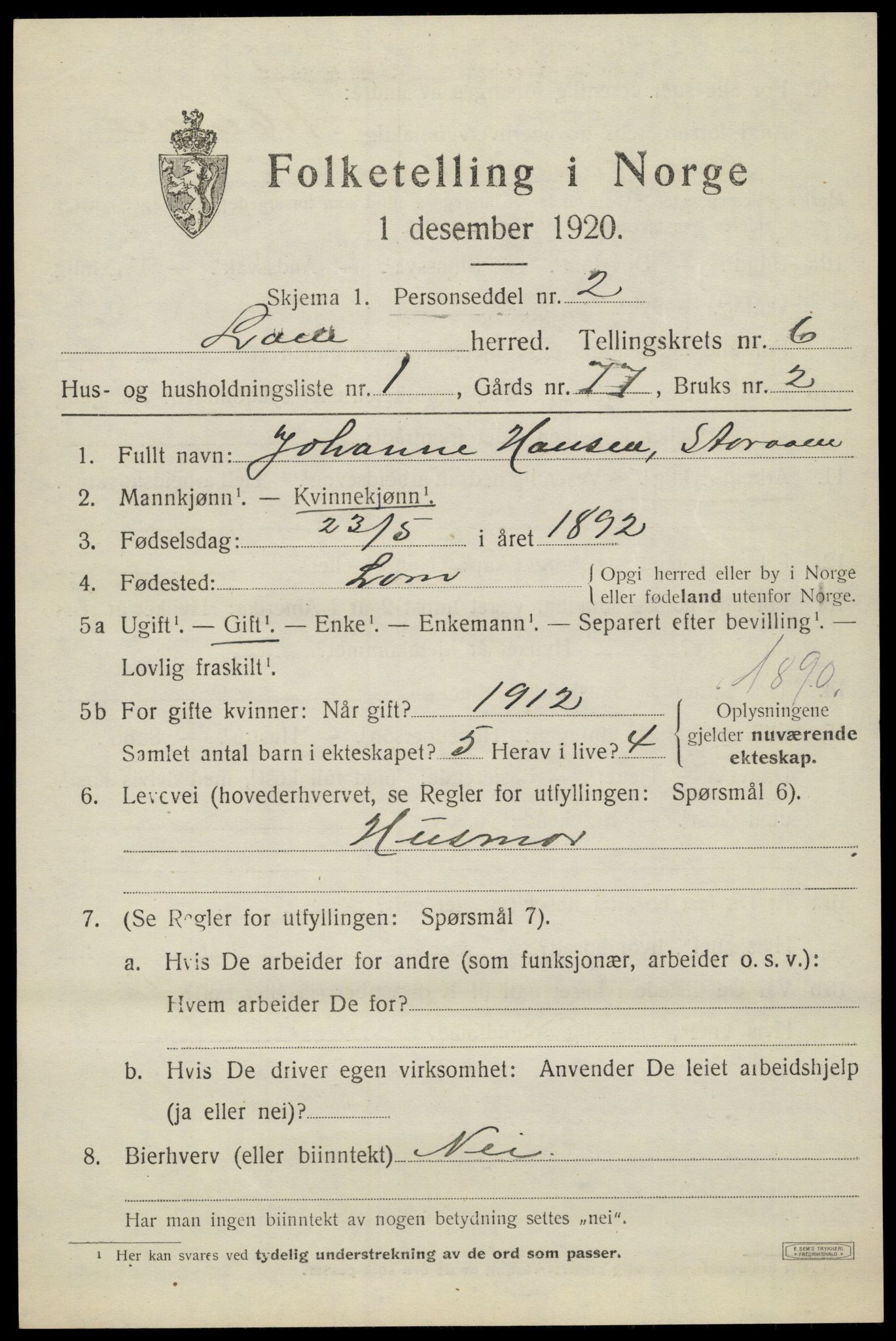 SAH, Folketelling 1920 for 0514 Lom herred, 1920, s. 3732