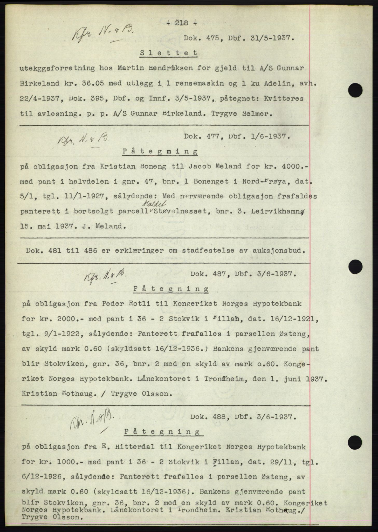 Hitra sorenskriveri, AV/SAT-A-0018/2/2C/2Ca: Pantebok nr. C1, 1936-1945, Dagboknr: 475/1937