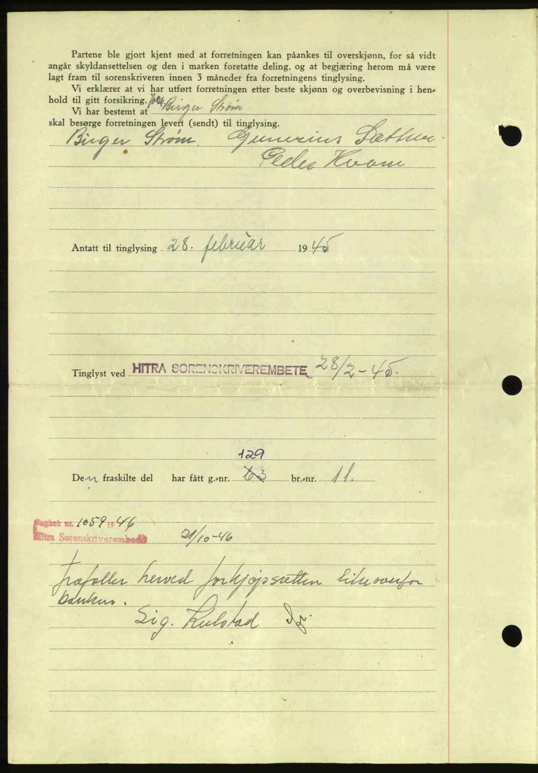 Hitra sorenskriveri, AV/SAT-A-0018/2/2C/2Ca: Pantebok nr. A2, 1943-1945, Dagboknr: 109/1945