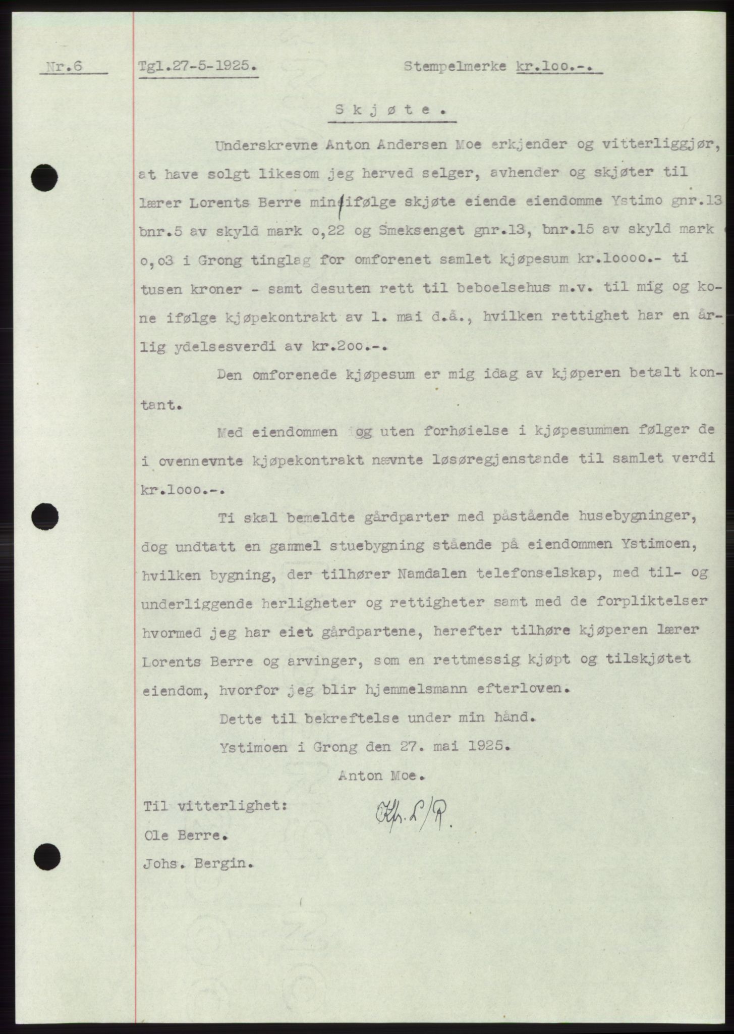 Namdal sorenskriveri, SAT/A-4133/1/2/2C: Pantebok nr. -, 1922-1925, Tingl.dato: 27.05.1925