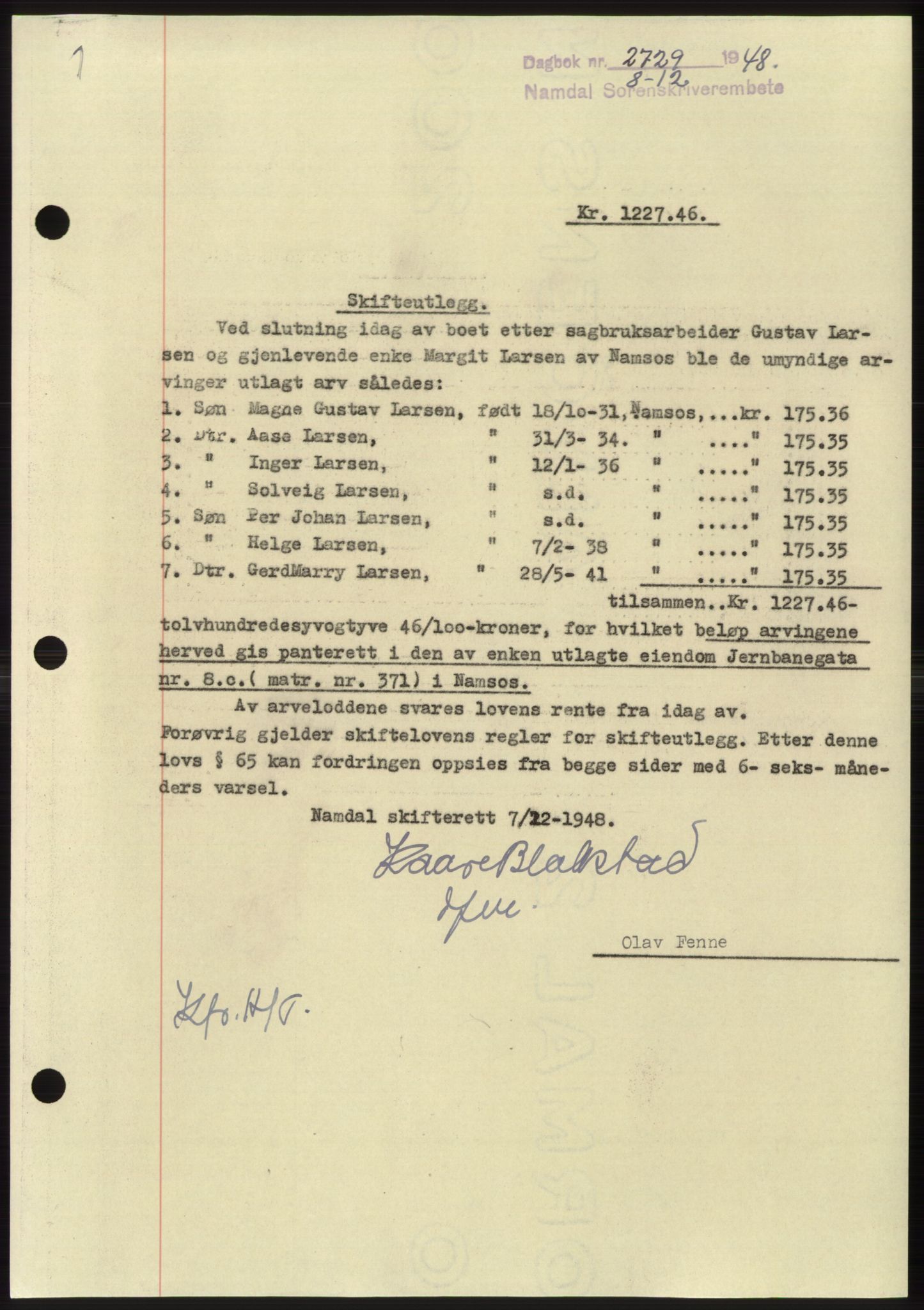 Namdal sorenskriveri, SAT/A-4133/1/2/2C: Pantebok nr. -, 1948-1948, Dagboknr: 2729/1948