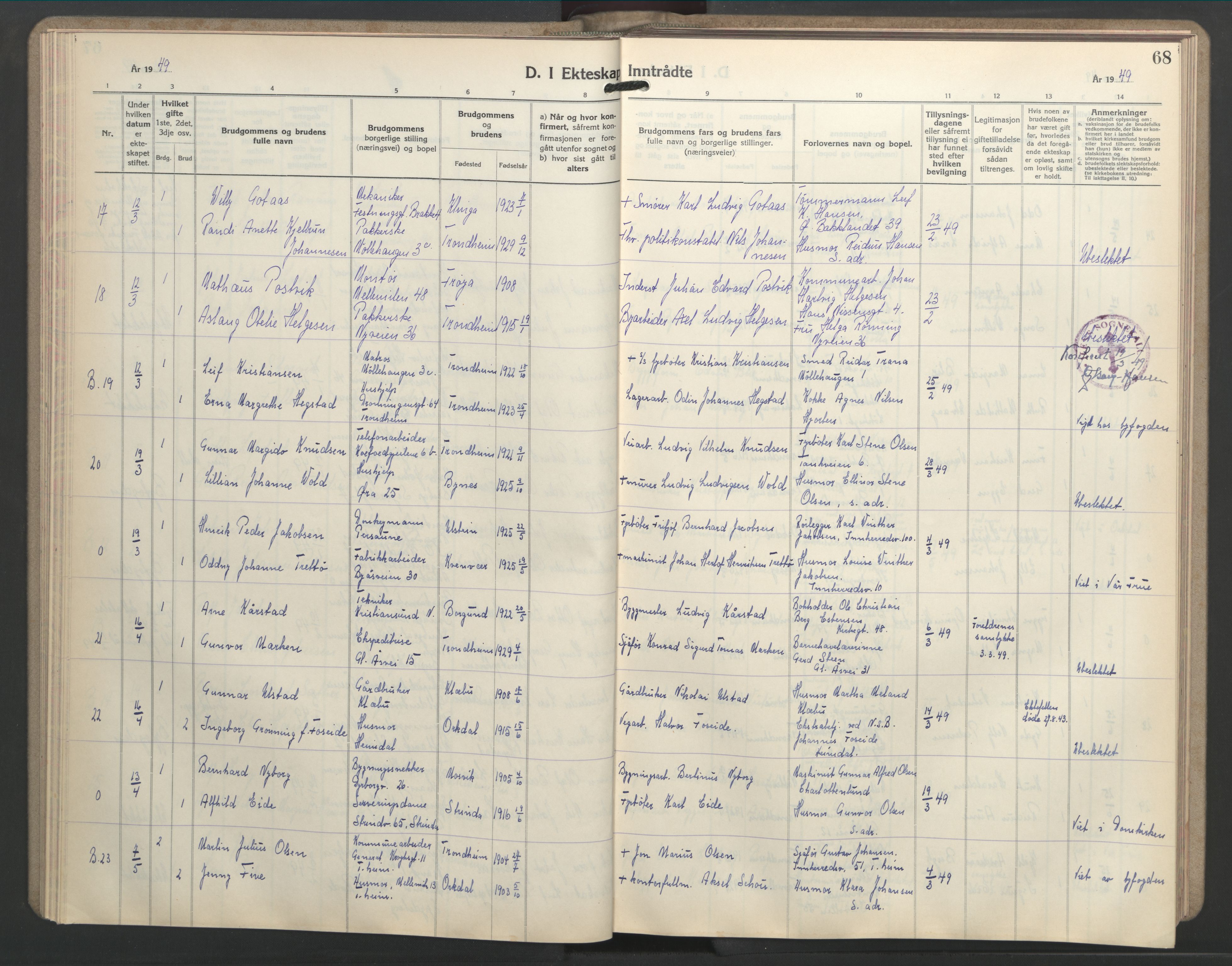 Ministerialprotokoller, klokkerbøker og fødselsregistre - Sør-Trøndelag, AV/SAT-A-1456/603/L0177: Klokkerbok nr. 603C05, 1941-1952, s. 68