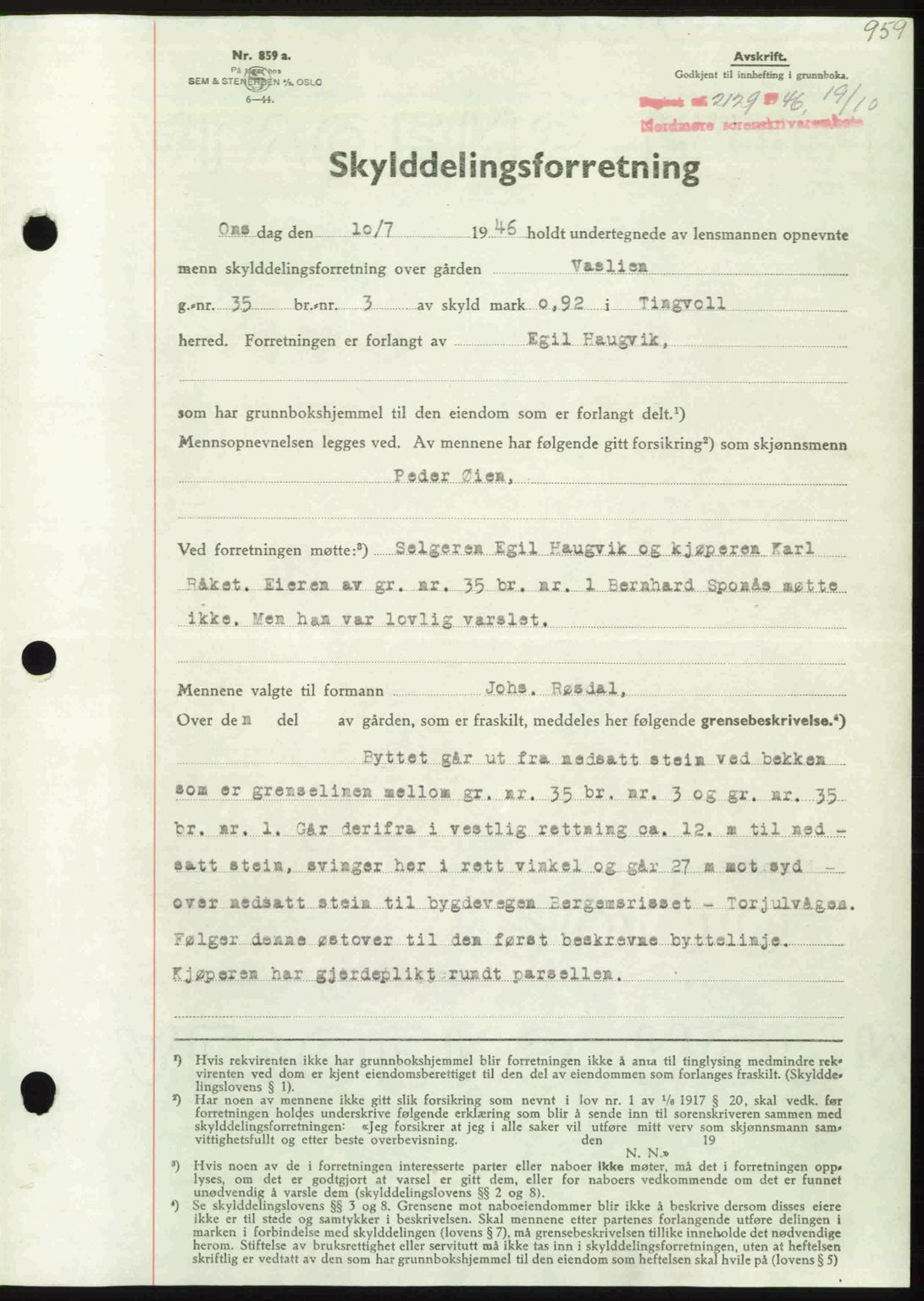 Nordmøre sorenskriveri, SAT/A-4132/1/2/2Ca: Pantebok nr. A102, 1946-1946, Dagboknr: 2129/1946