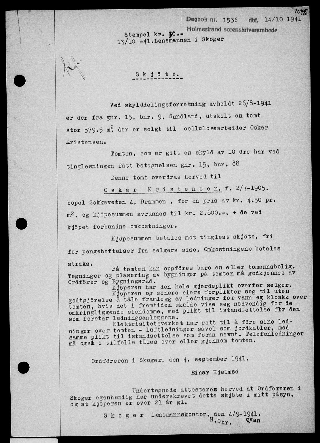 Holmestrand sorenskriveri, SAKO/A-67/G/Ga/Gaa/L0053: Pantebok nr. A-53, 1941-1941, Dagboknr: 1536/1941