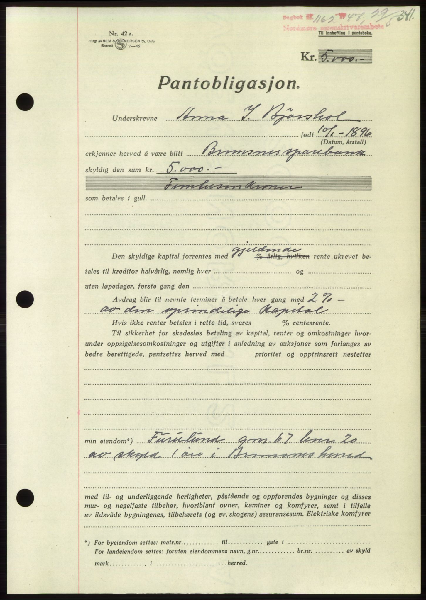 Nordmøre sorenskriveri, AV/SAT-A-4132/1/2/2Ca: Pantebok nr. B96, 1947-1947, Dagboknr: 1162/1947