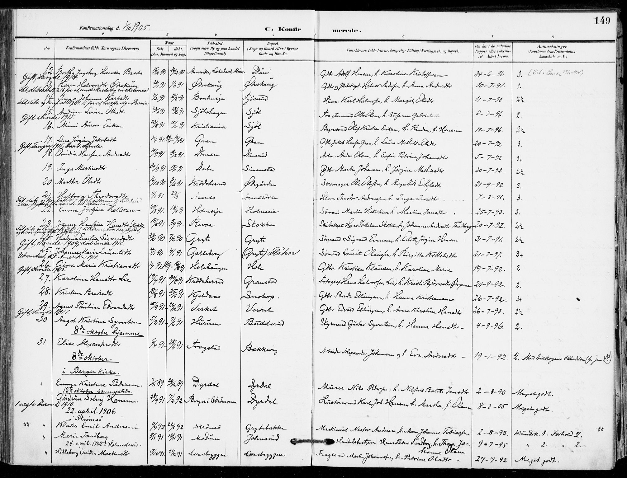 Sande Kirkebøker, AV/SAKO-A-53/F/Fa/L0008: Ministerialbok nr. 8, 1904-1921, s. 149