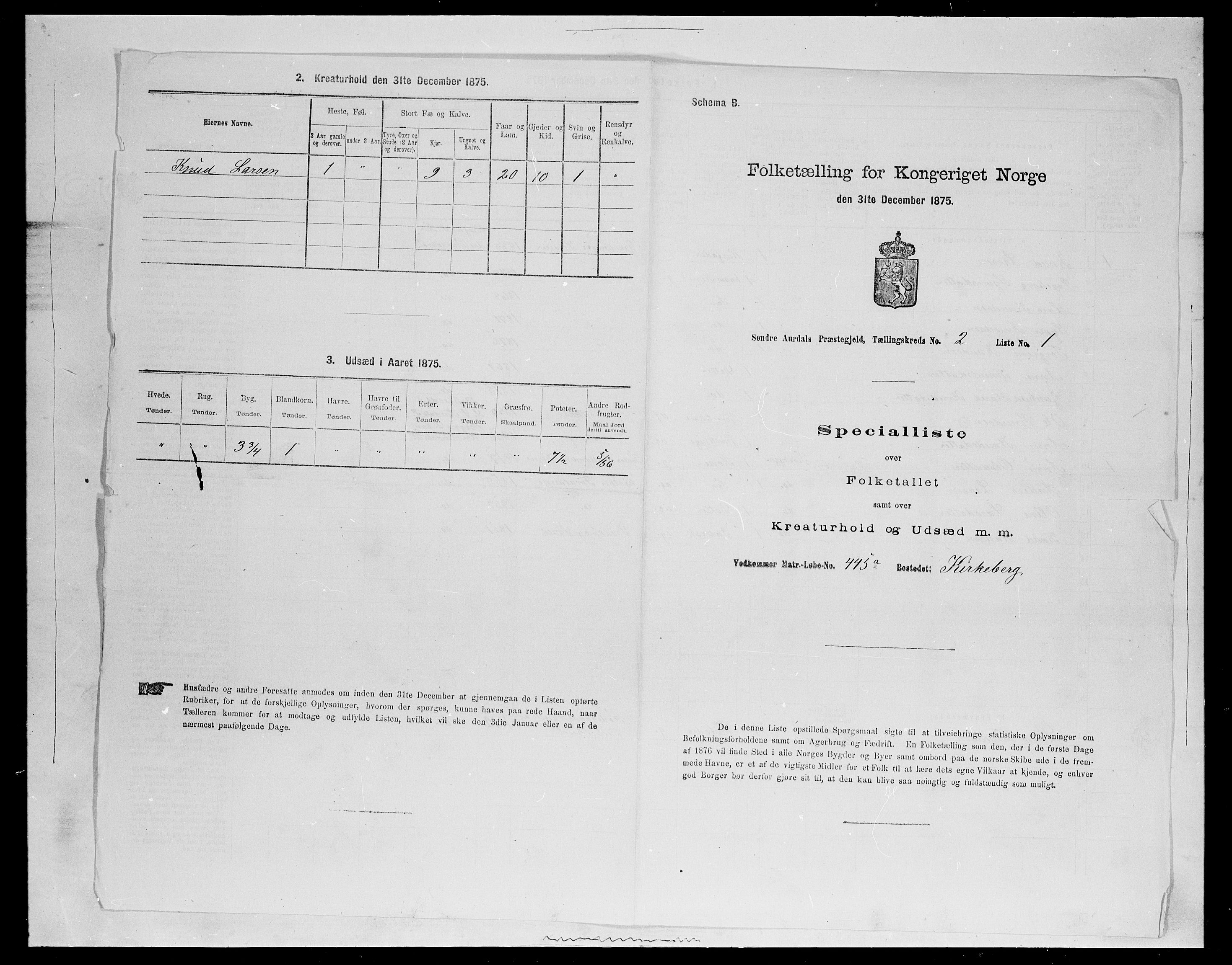 SAH, Folketelling 1875 for 0540P Sør-Aurdal prestegjeld, 1875, s. 412