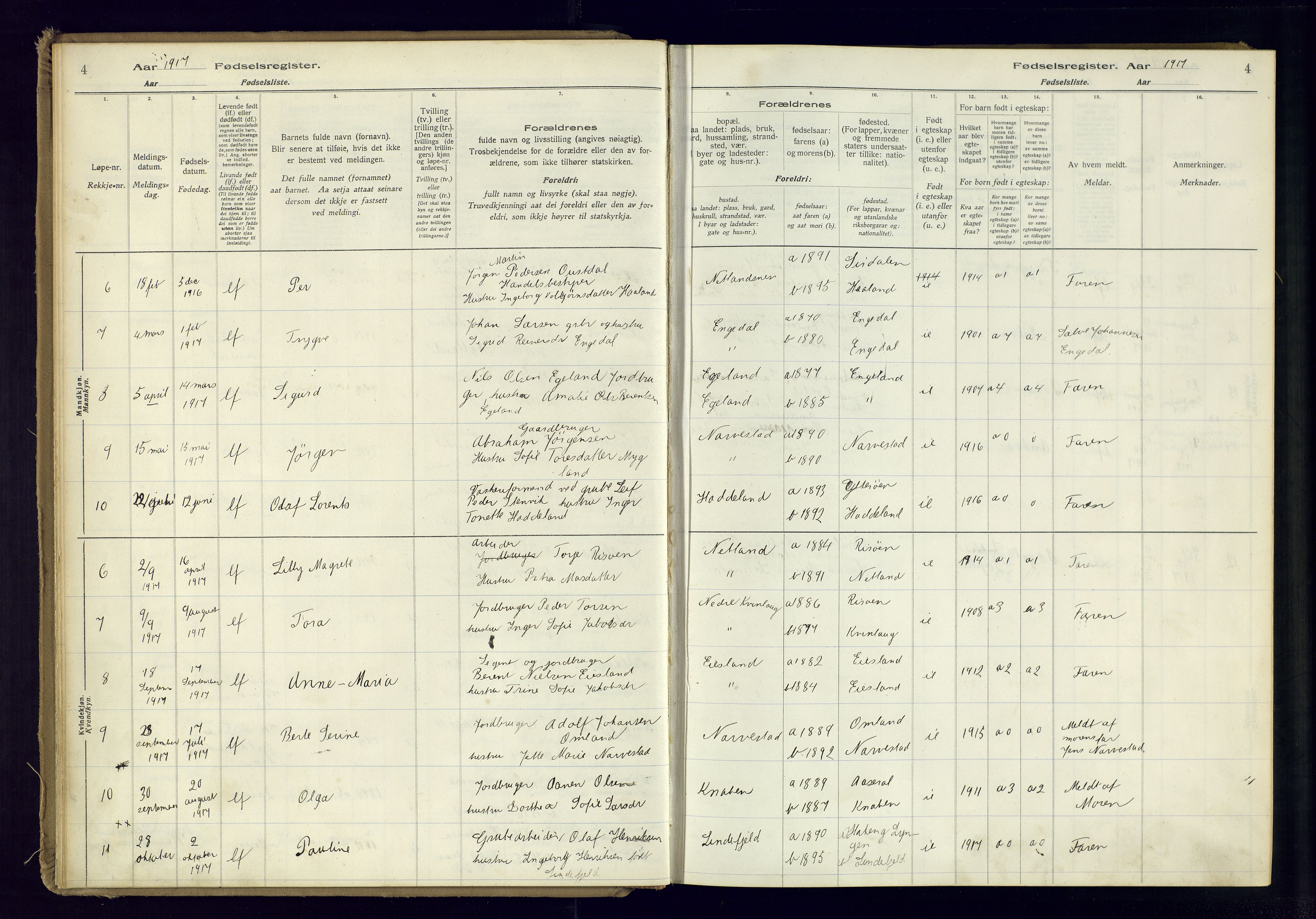 Fjotland sokneprestkontor, AV/SAK-1111-0010/J/Ja/L0001: Fødselsregister nr. 1, 1916-1981, s. 4