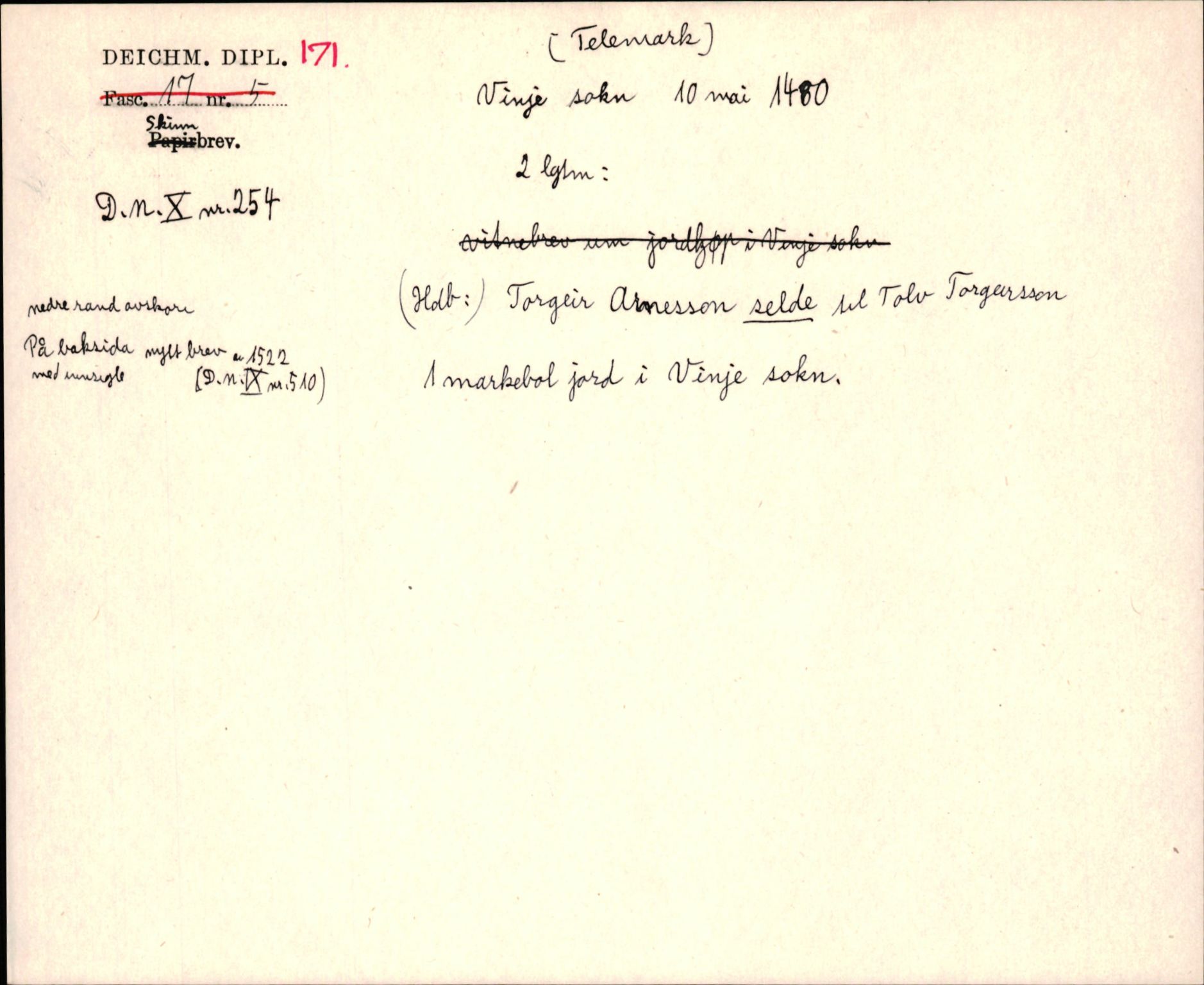 Riksarkivets diplomsamling, AV/RA-EA-5965/F35/F35j/L0001: Regestsedler: Deichmanske diplomer nr. 1-450, s. 235