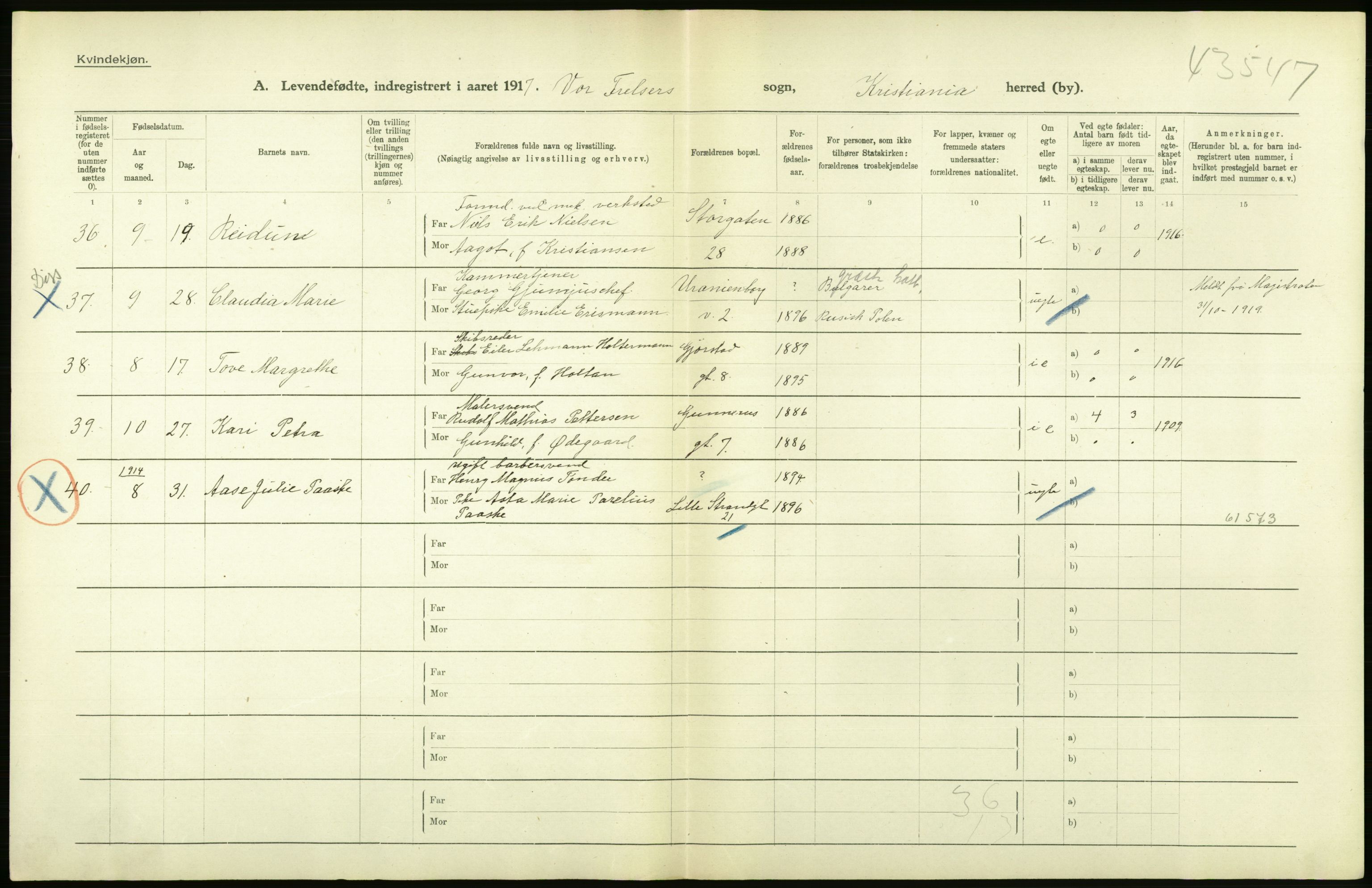 Statistisk sentralbyrå, Sosiodemografiske emner, Befolkning, AV/RA-S-2228/D/Df/Dfb/Dfbg/L0007: Kristiania: Levendefødte menn og kvinner., 1917, s. 44