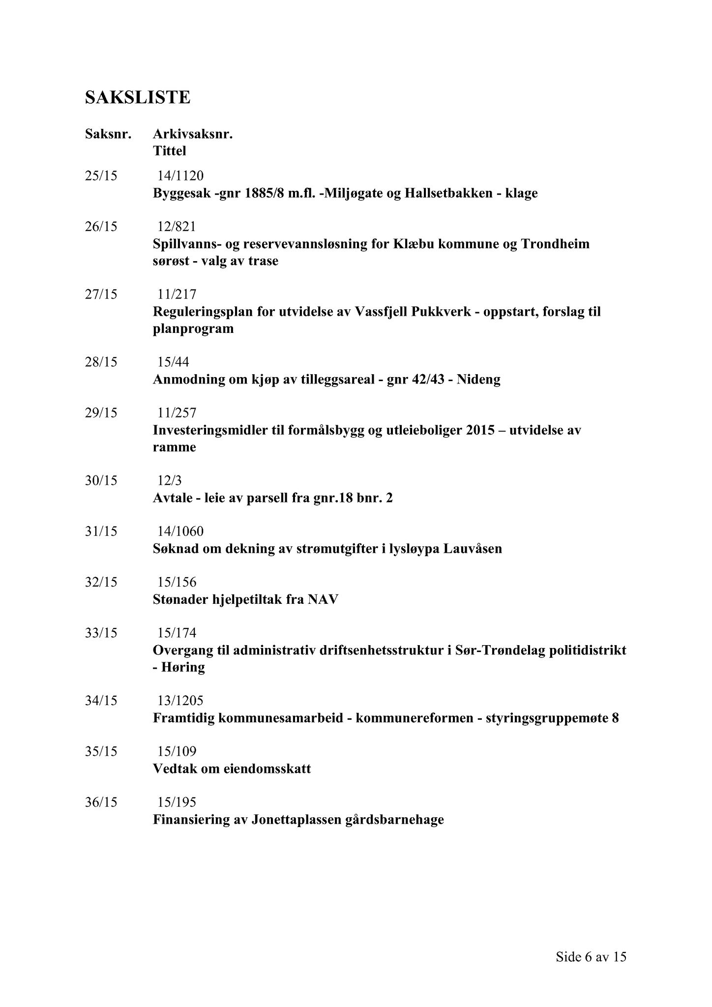 Klæbu Kommune, TRKO/KK/02-FS/L008: Formannsskapet - Møtedokumenter, 2015, s. 1011