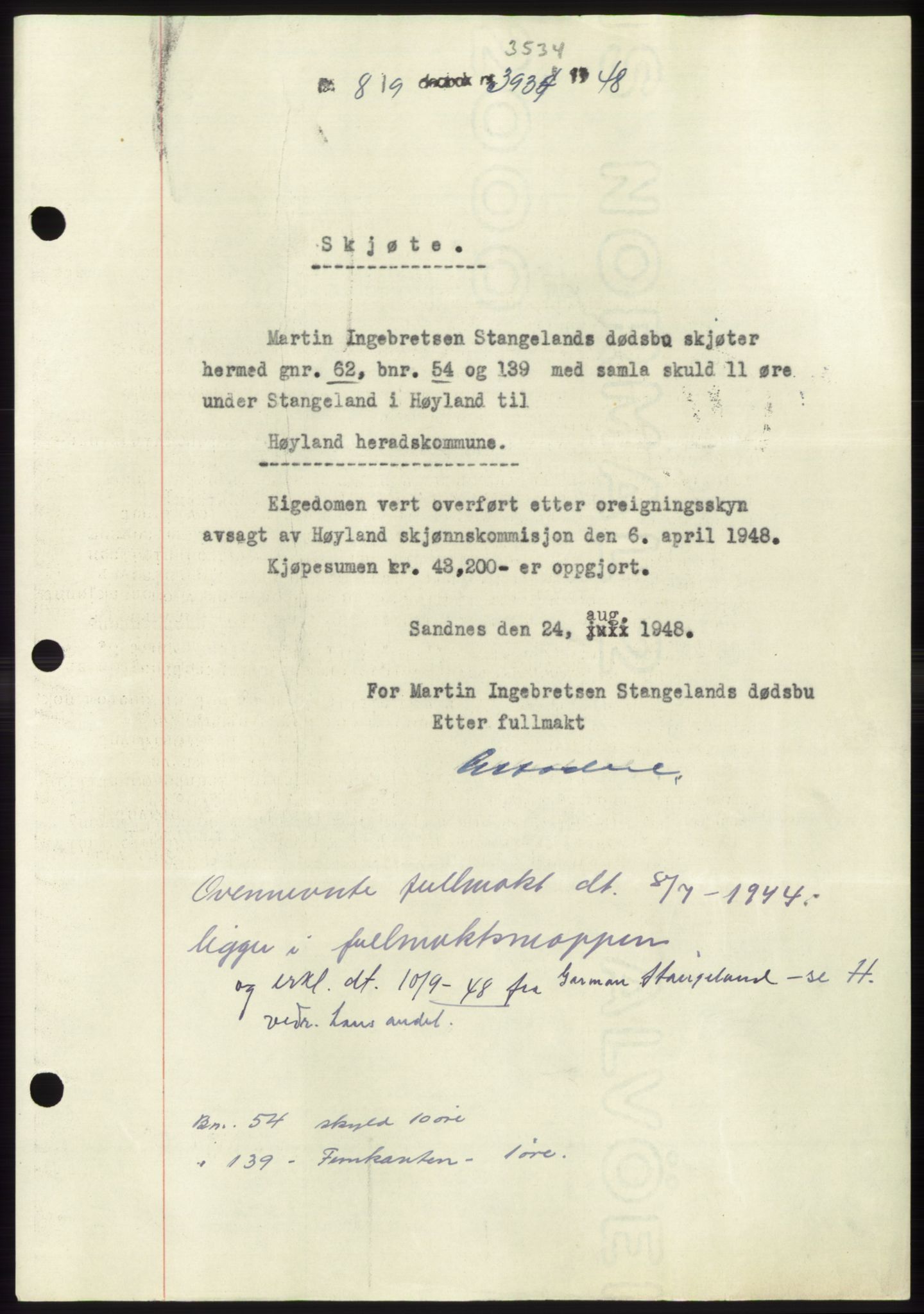 Jæren sorenskriveri, SAST/A-100310/03/G/Gba/L0100: Pantebok, 1948-1948, Dagboknr: 3934/1948