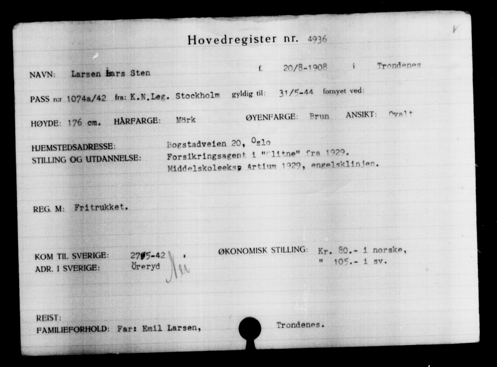 Utenriksstasjonene, Legasjonen i Stockholm, Flyktningkontoret, AV/RA-S-6753/V/Va/L0004: Kjesäterkartoteket, flyktninger med registreringsnr. 3496-6610, 1940-1945, s. 1707