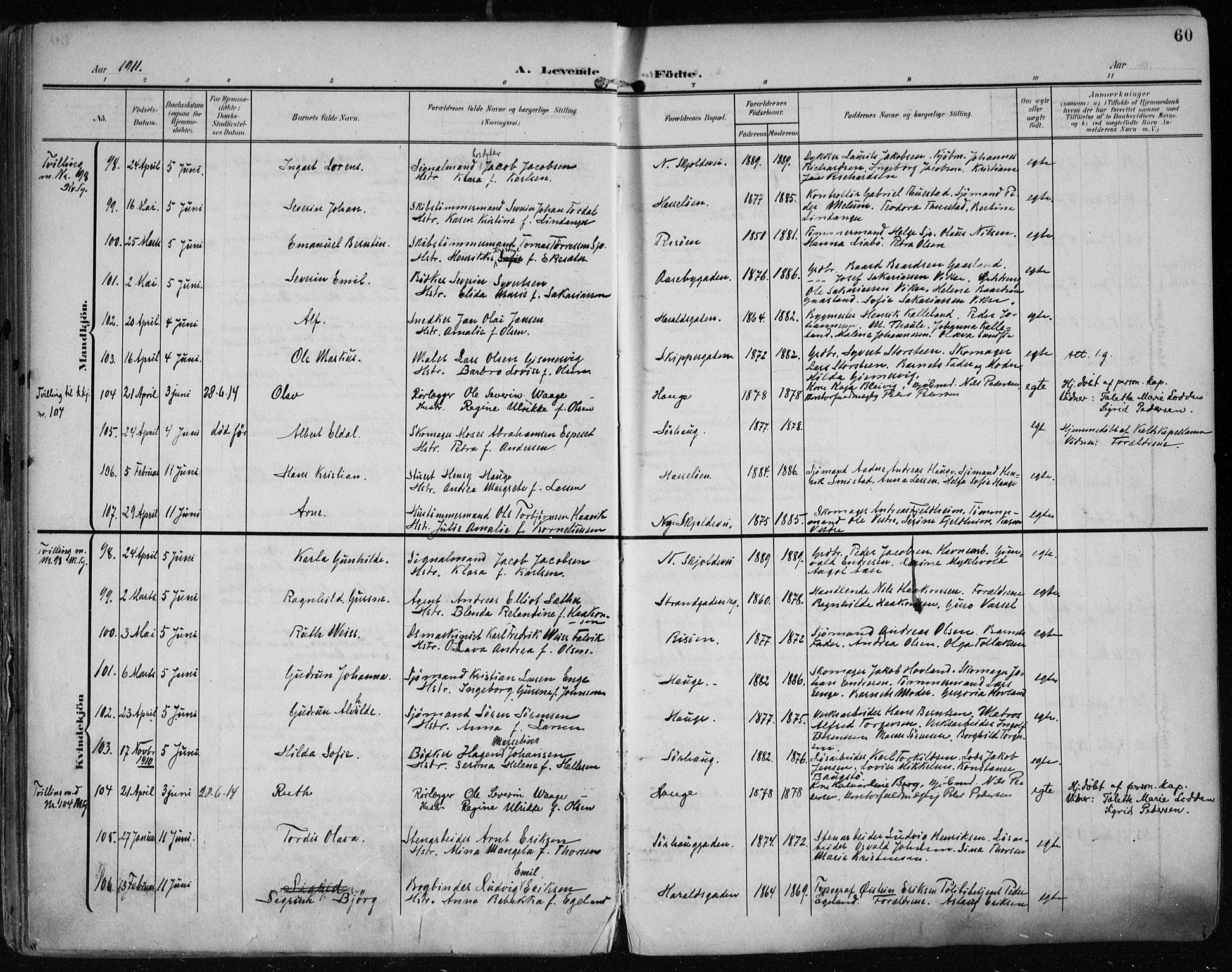 Haugesund sokneprestkontor, AV/SAST-A -101863/H/Ha/Haa/L0008: Ministerialbok nr. A 8, 1908-1921, s. 60