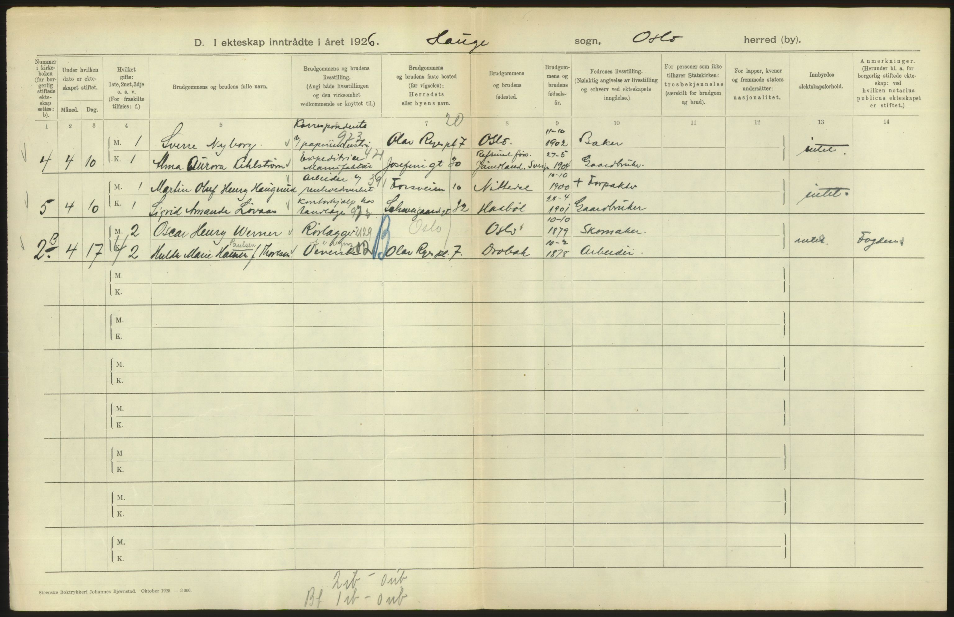 Statistisk sentralbyrå, Sosiodemografiske emner, Befolkning, AV/RA-S-2228/D/Df/Dfc/Dfcf/L0008: Oslo: Gifte, 1926, s. 728