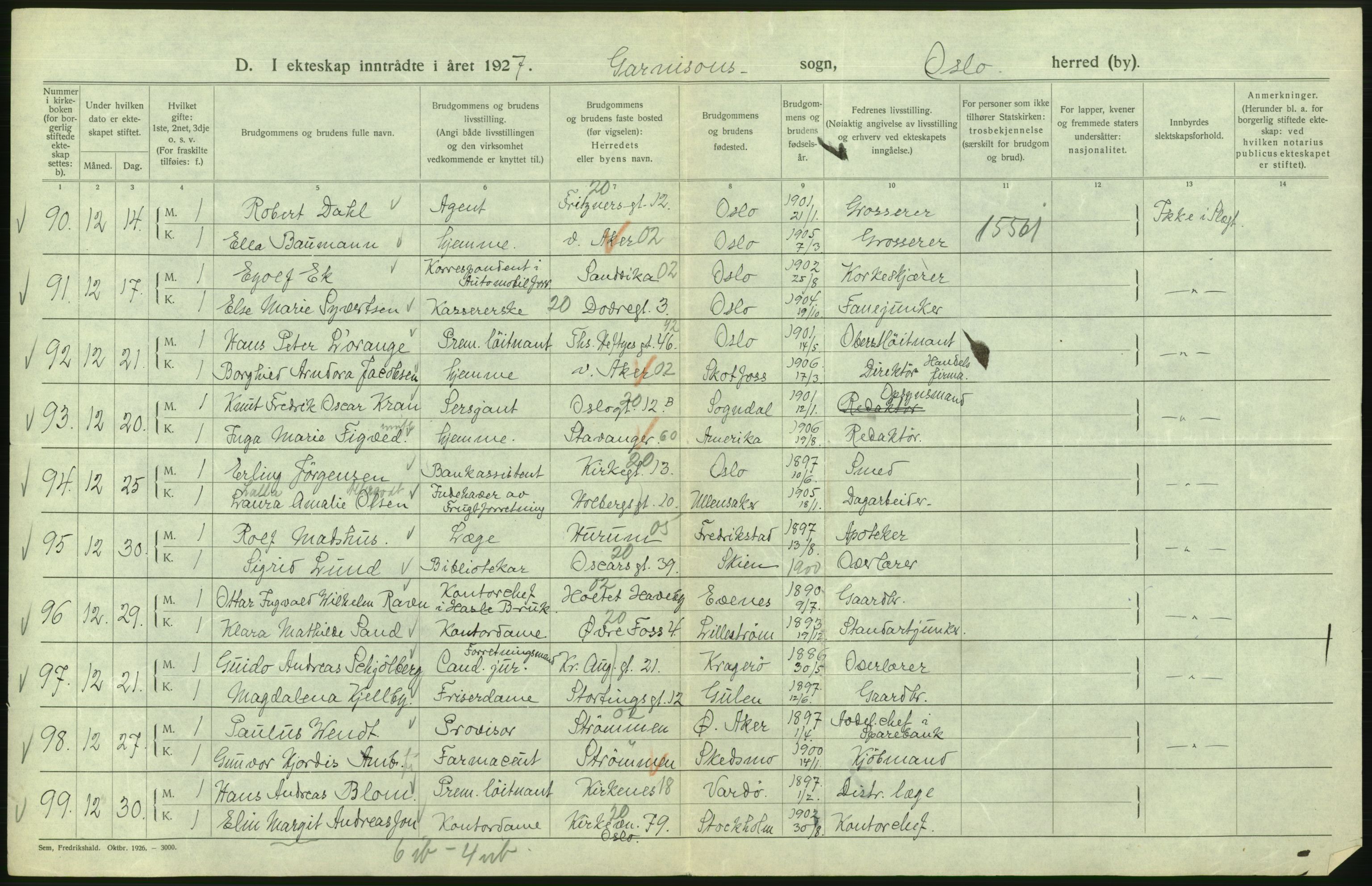 Statistisk sentralbyrå, Sosiodemografiske emner, Befolkning, AV/RA-S-2228/D/Df/Dfc/Dfcg/L0008: Oslo: Gifte, 1927, s. 674