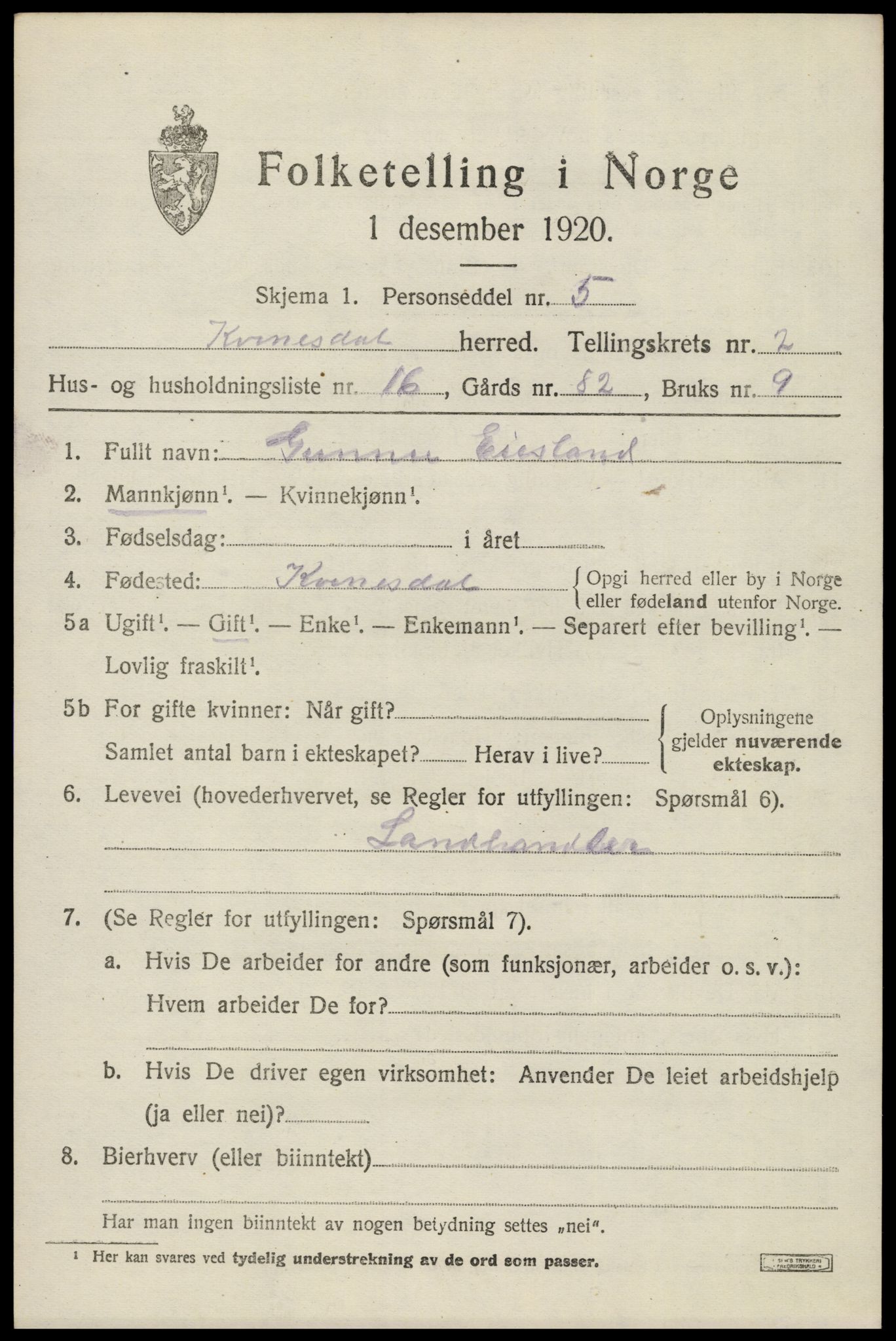 SAK, Folketelling 1920 for 1037 Kvinesdal herred, 1920, s. 2063