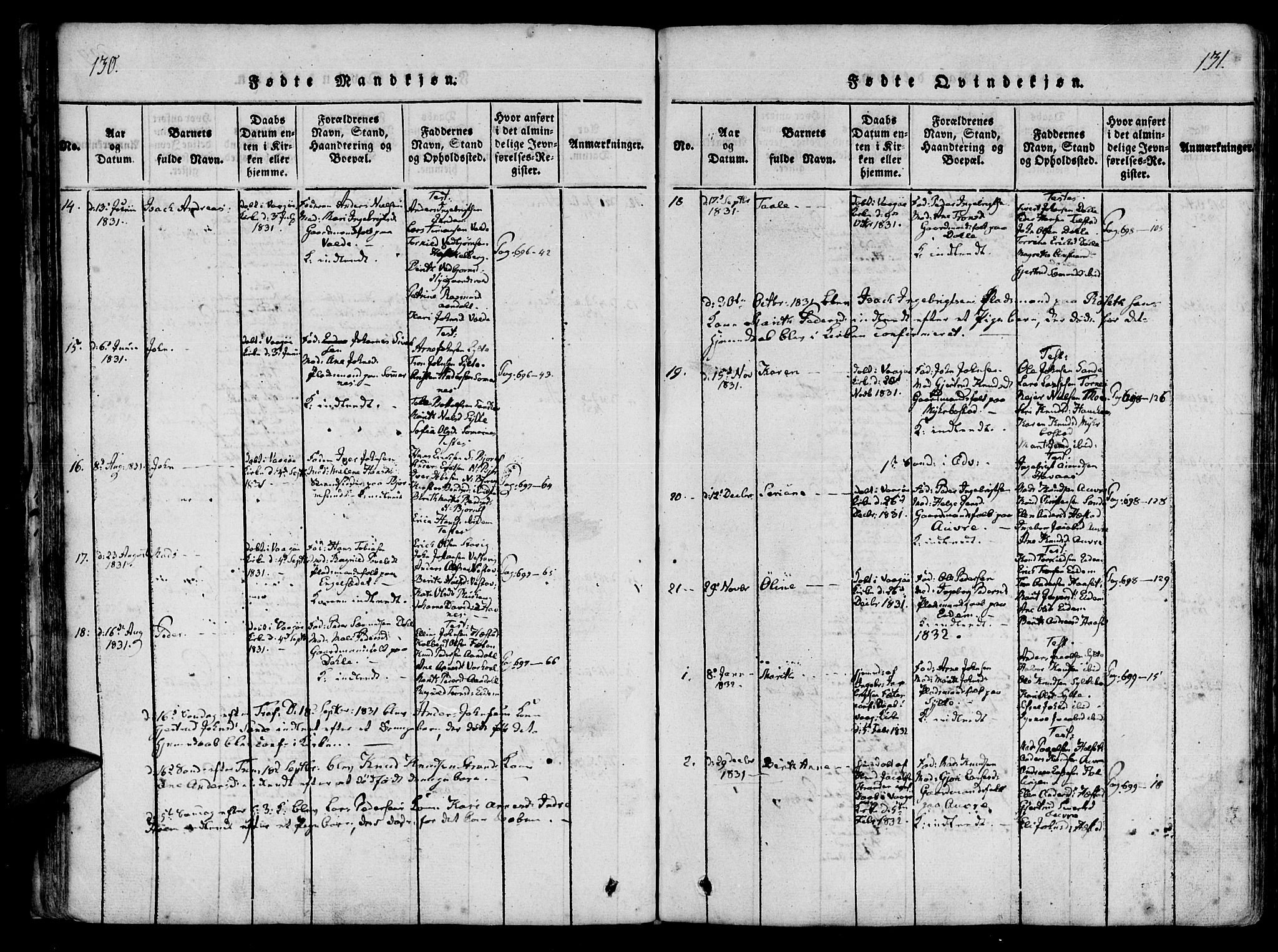 Ministerialprotokoller, klokkerbøker og fødselsregistre - Møre og Romsdal, AV/SAT-A-1454/565/L0747: Ministerialbok nr. 565A01, 1817-1844, s. 130-131