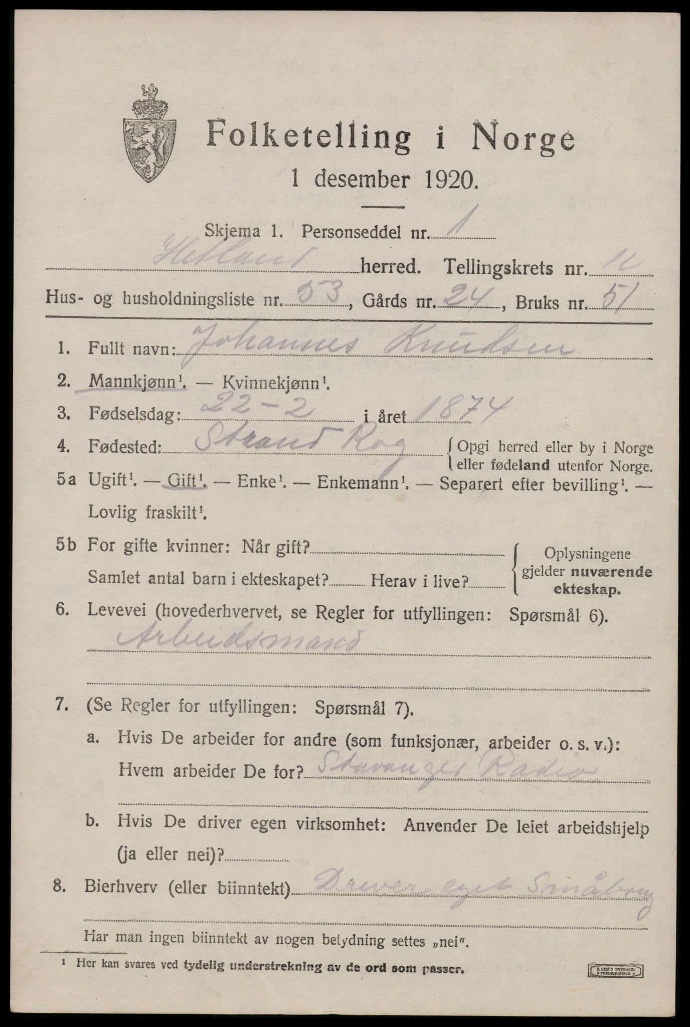 SAST, Folketelling 1920 for 1126 Hetland herred, 1920, s. 19659