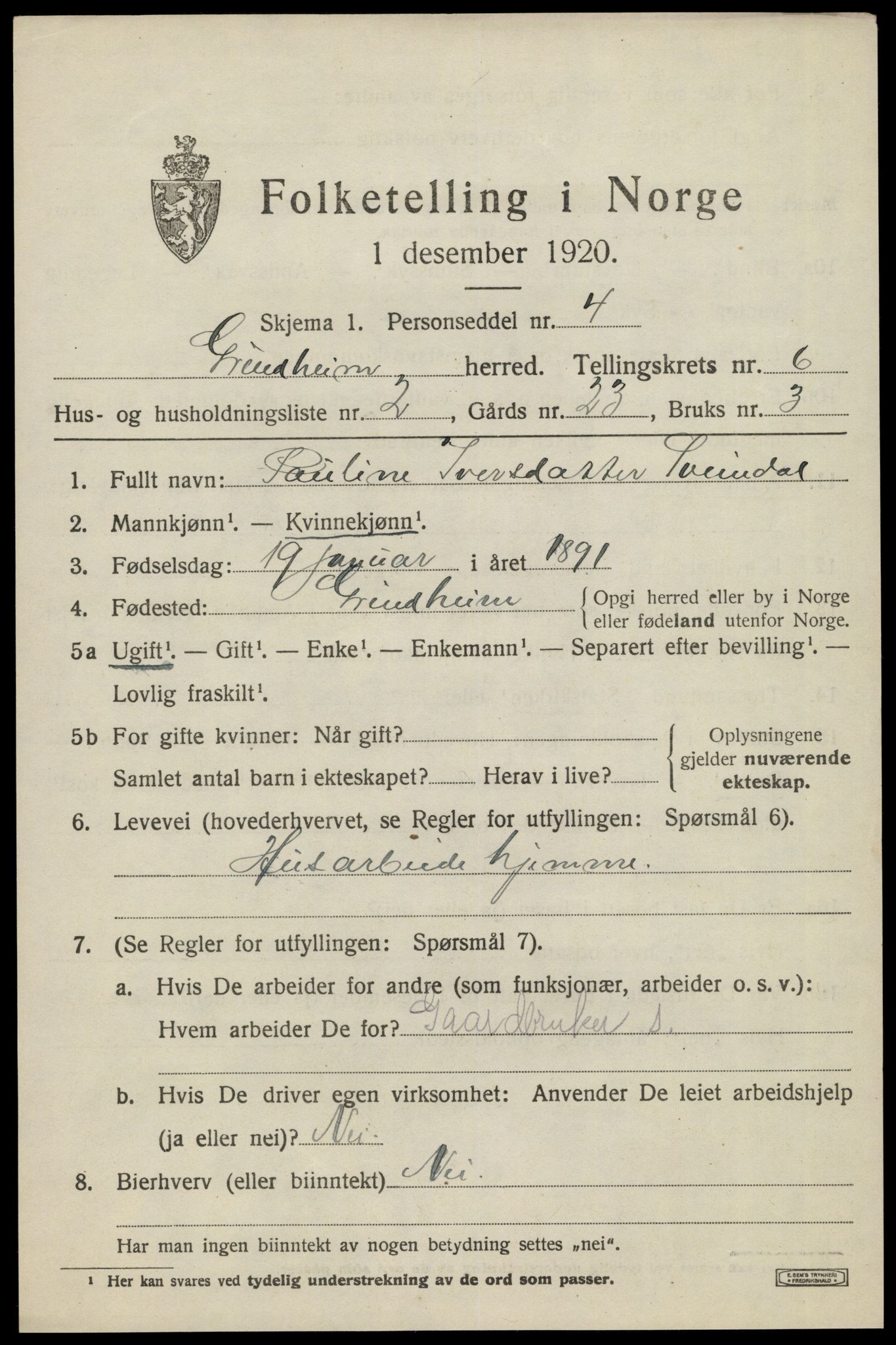 SAK, Folketelling 1920 for 1025 Grindheim herred, 1920, s. 1875